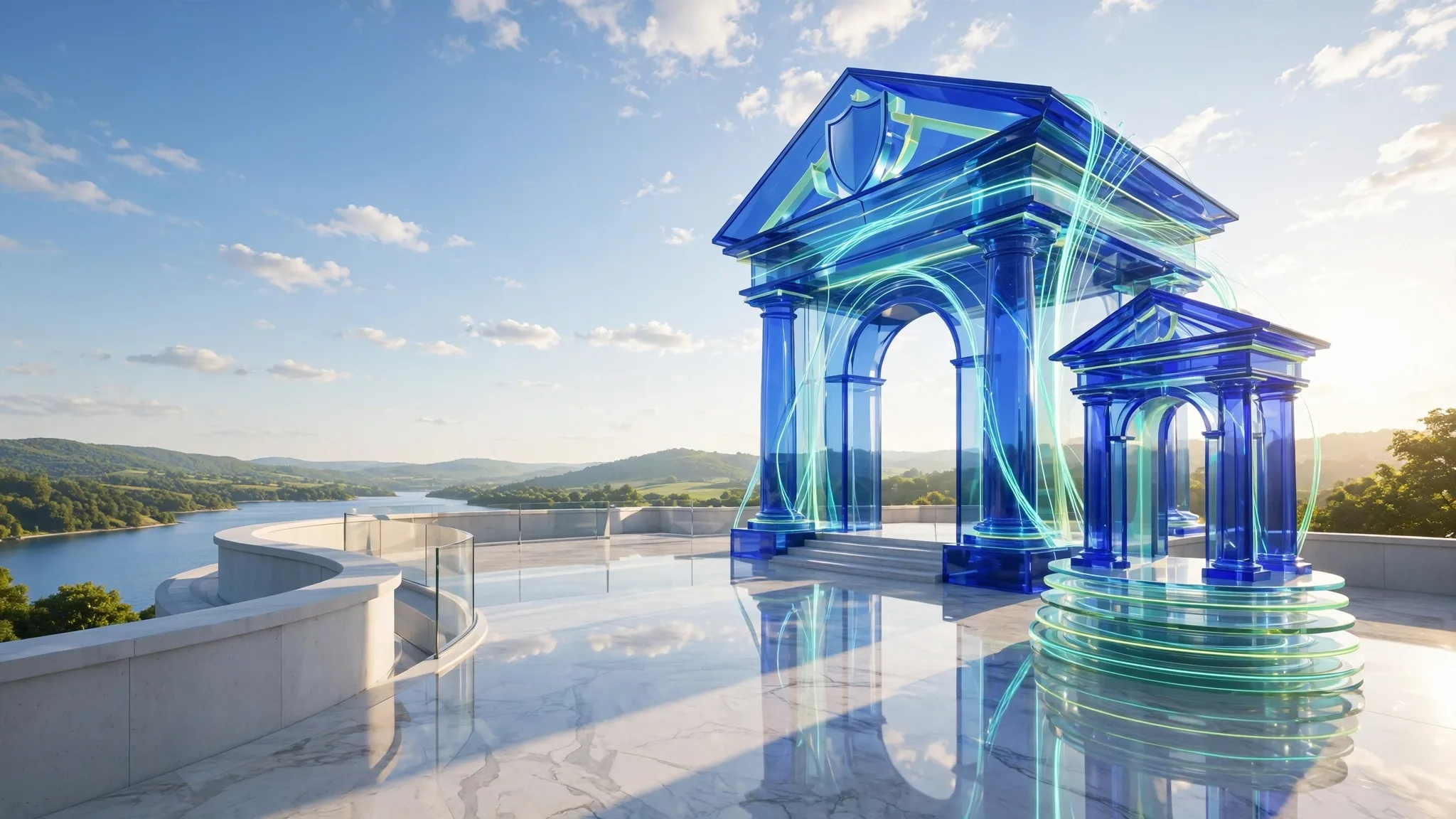 Translucent cobalt and lime glass portico with two columns and steps on a sunny white concrete terrace, overlooking a bay under a clear blue sky