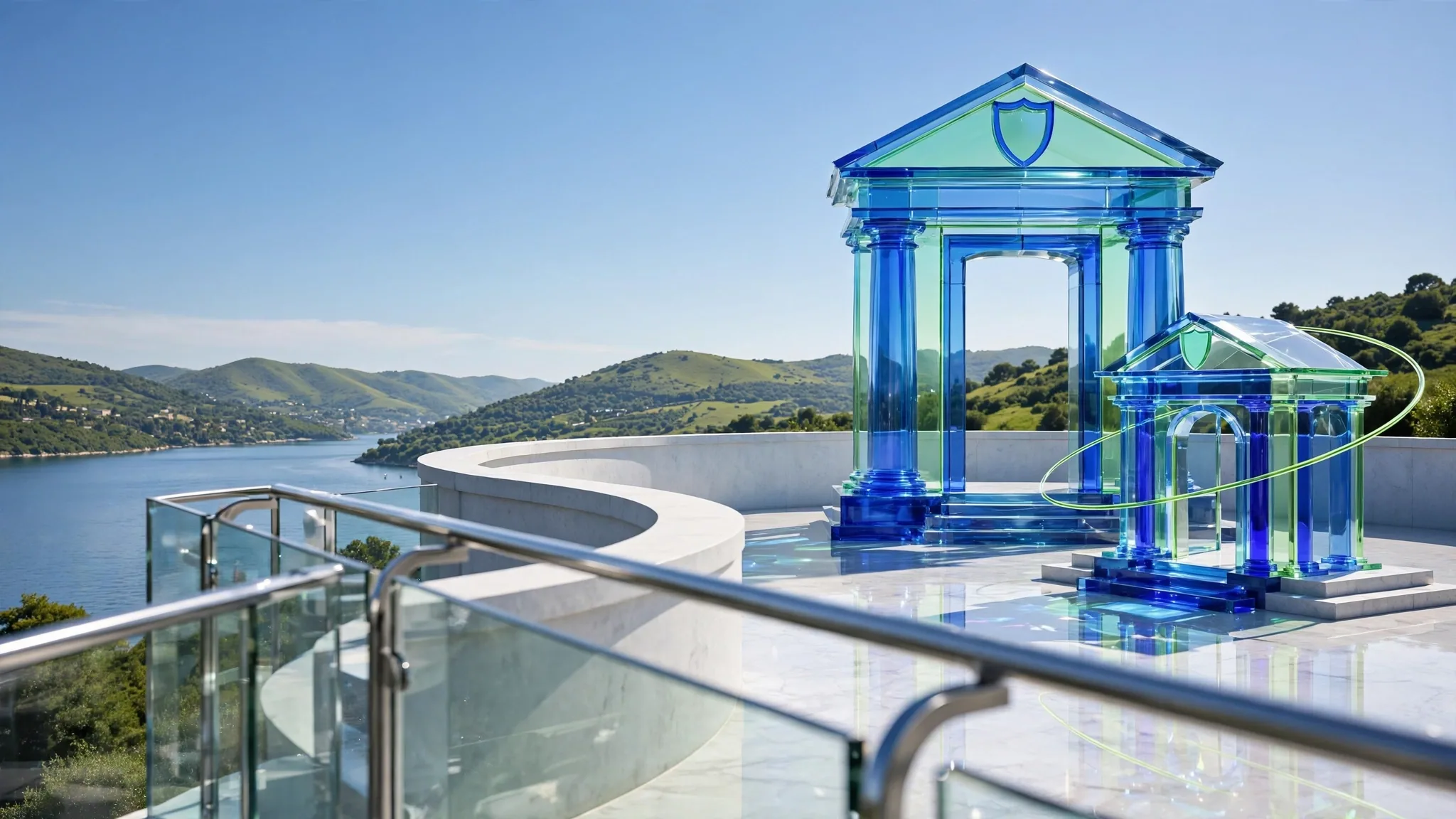 Translucent cobalt and lime glass portico with columns and steps stands on a sunny white concrete terrace above a calm bay under a clear blue sky