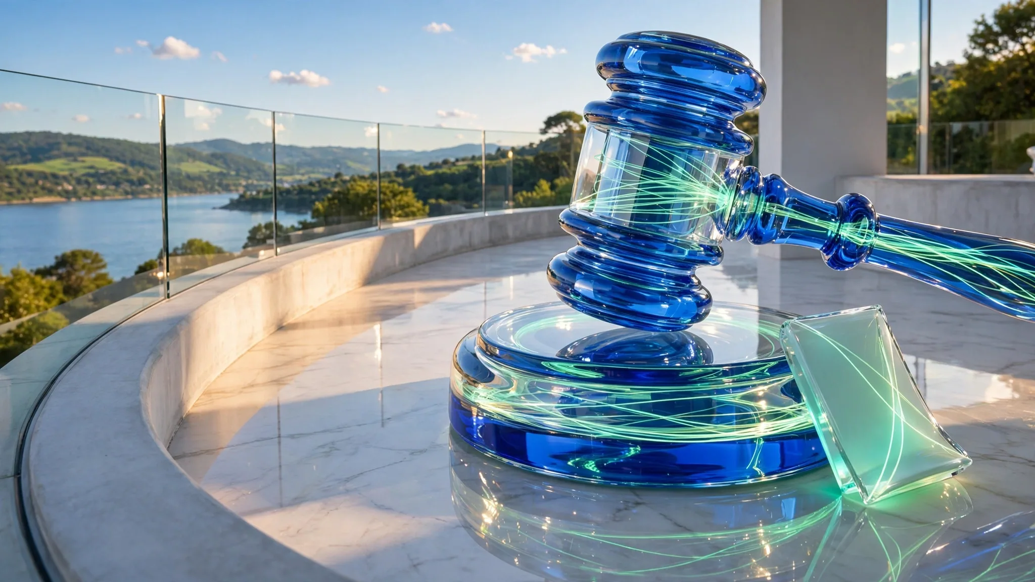 Translucent glass gavel resting on its round sound block on a sunny white terrace, with a bay and bright sky beyond