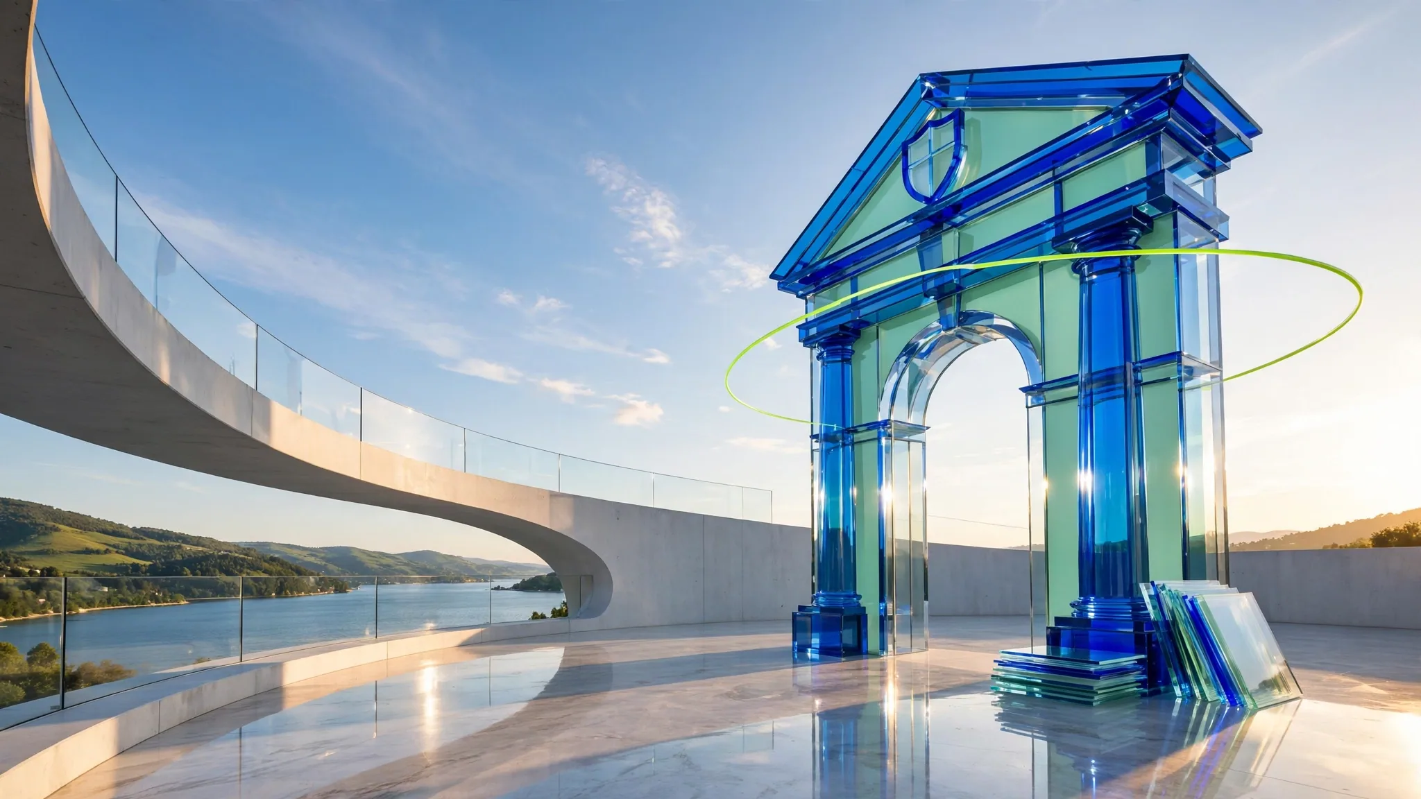 Translucent cobalt and lime glass portico with columns and steps on a sunny white terrace, overlooking a calm bay under a clear blue sky