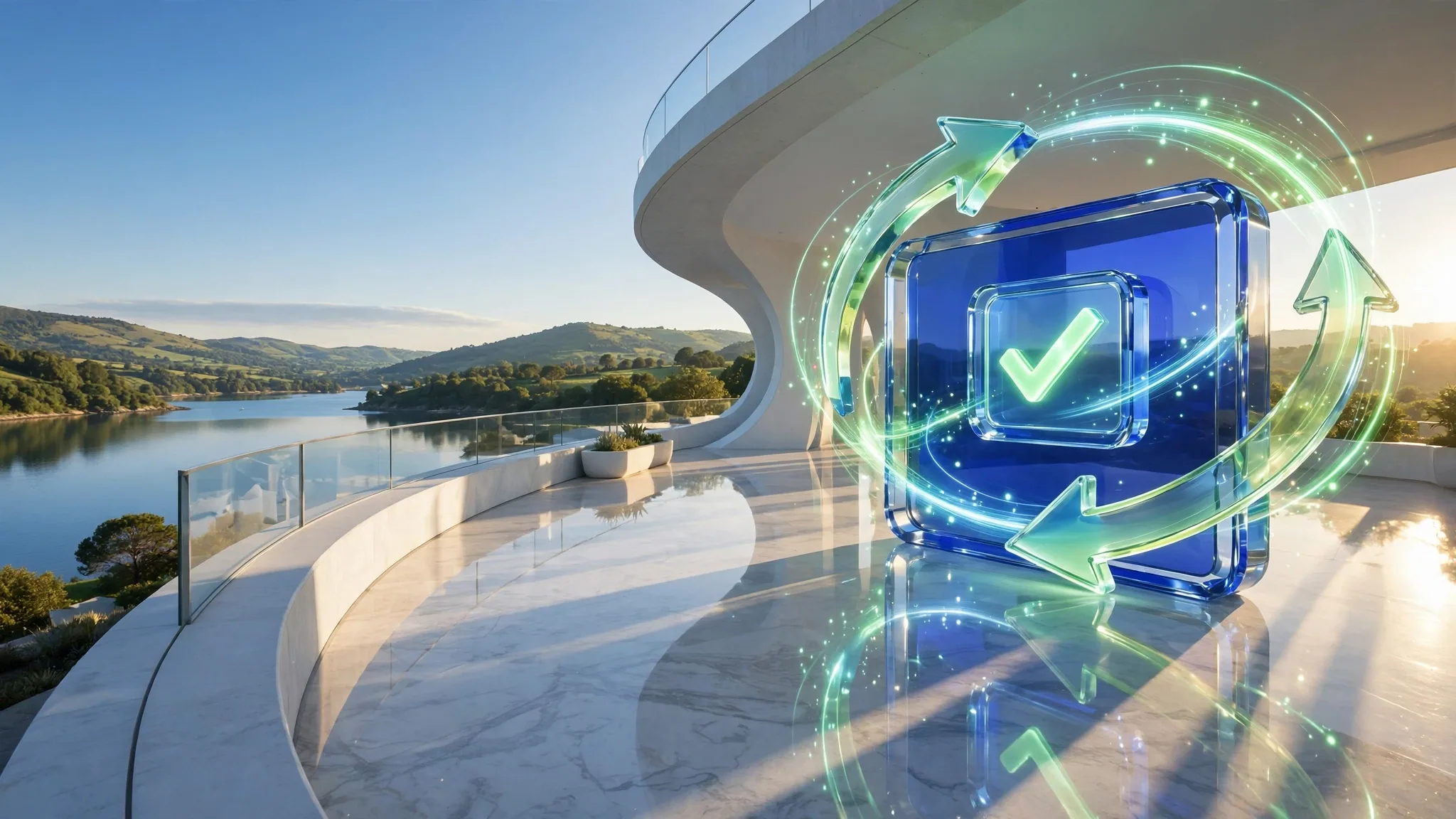 Translucent blue and lime glass sculpture on a sunlit white concrete terrace above a bay, illustrating financial crime