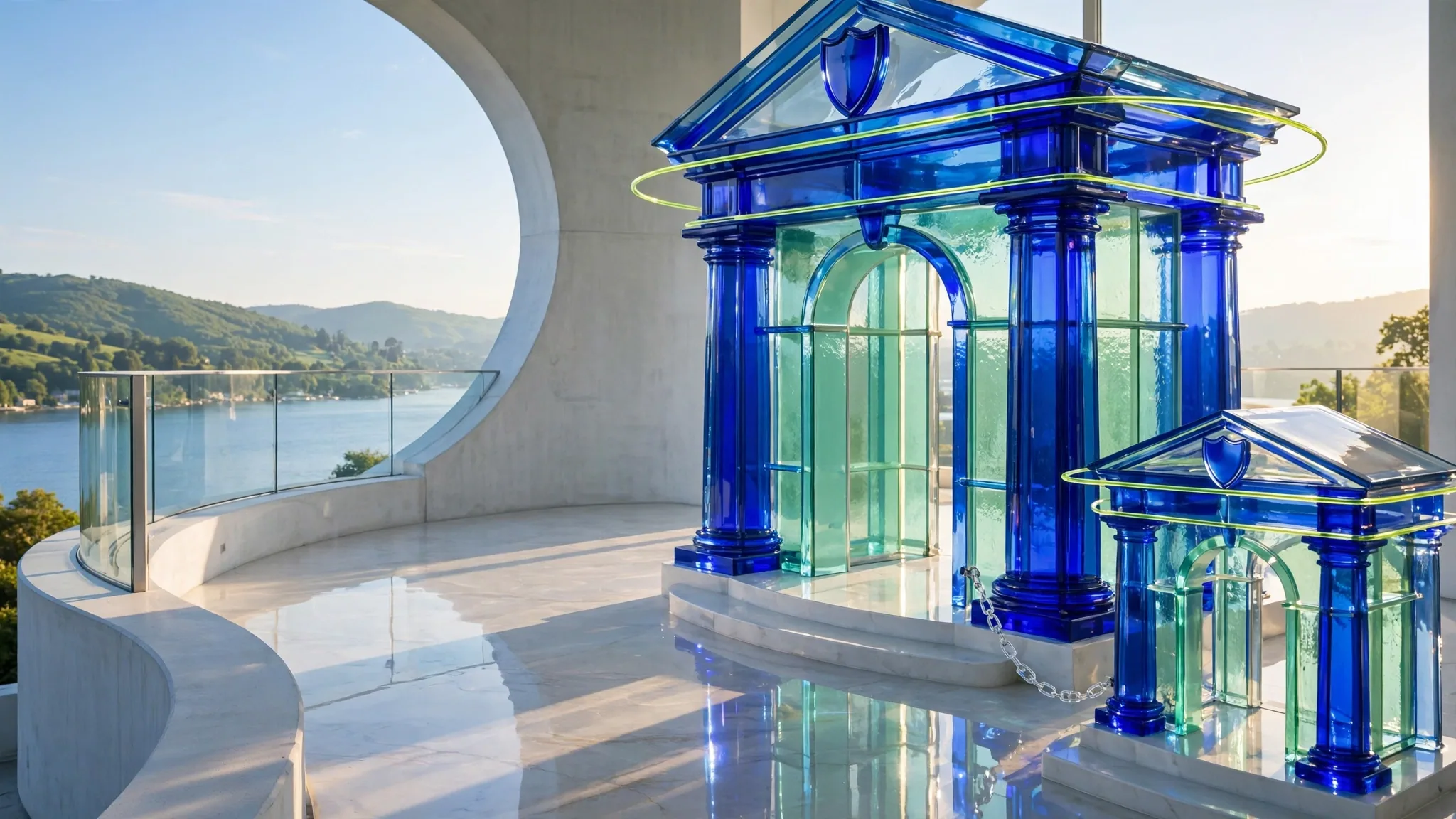 Translucent cobalt and lime glass sculpture of a classical portico stands on a sunny white concrete terrace above a bay under a clear blue sky