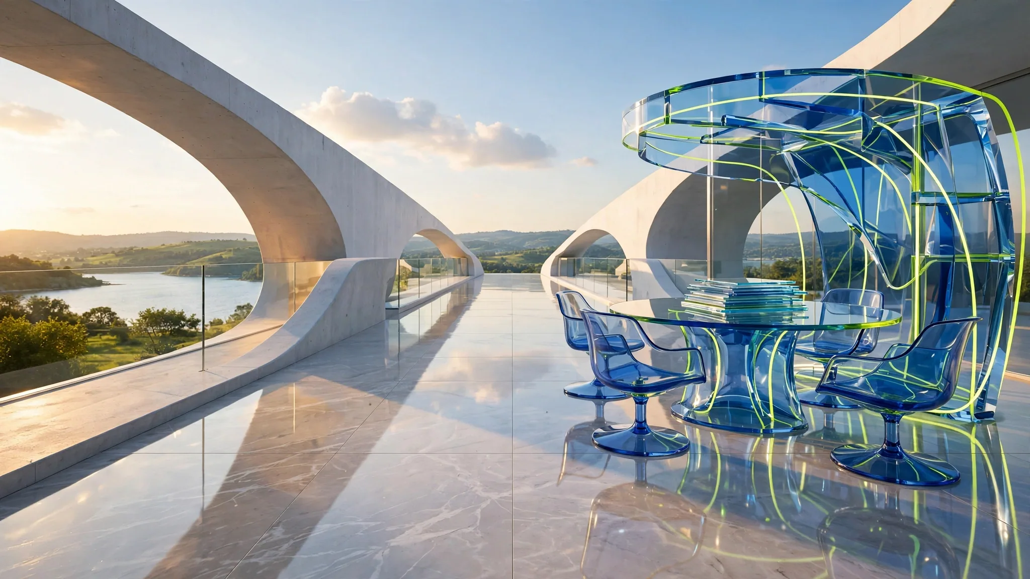 Translucent cobalt, royal blue, lime and mint glass sculpture of a round boardroom table and empty chairs on a sunny white concrete terrace above a bay under a clear sky
