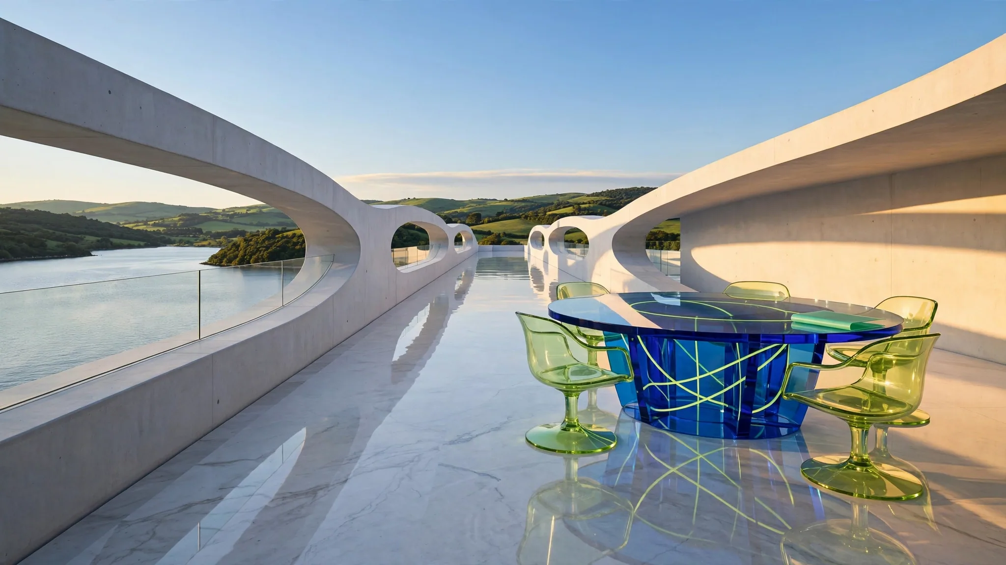 Translucent glass sculpture of a round boardroom table with empty swivel chairs on a sunny white concrete terrace above a bay under blue sky