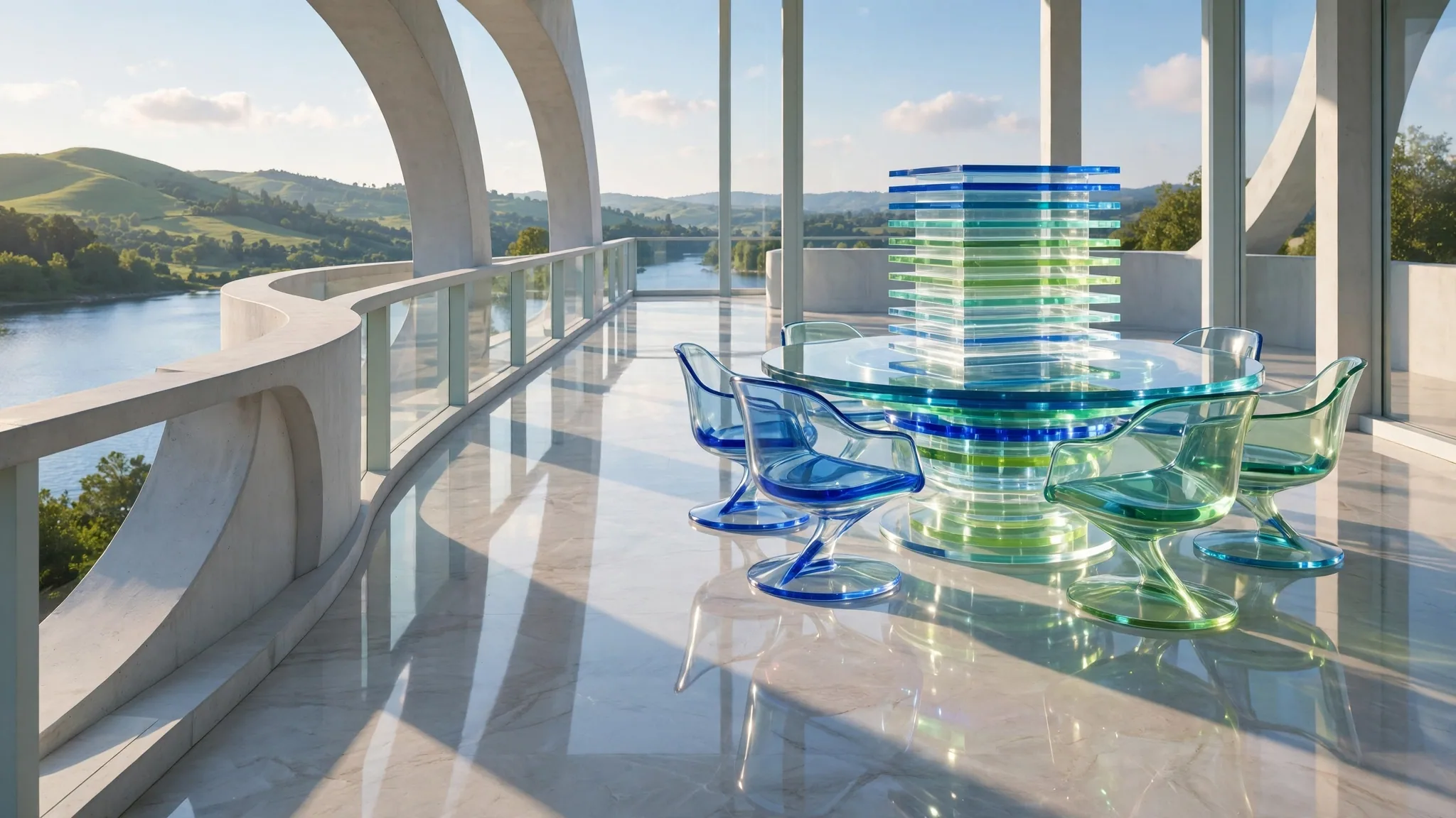 Translucent cobalt and lime glass sculpture of a round boardroom table with empty swivel chairs, on a sunny white concrete terrace above a bay under a clear blue sky