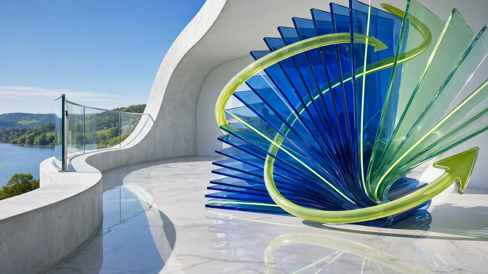 Translucent glass sculpture of fanned document pages wrapped by a curving arrow, set on a sunny white terrace above a bay under blue sky