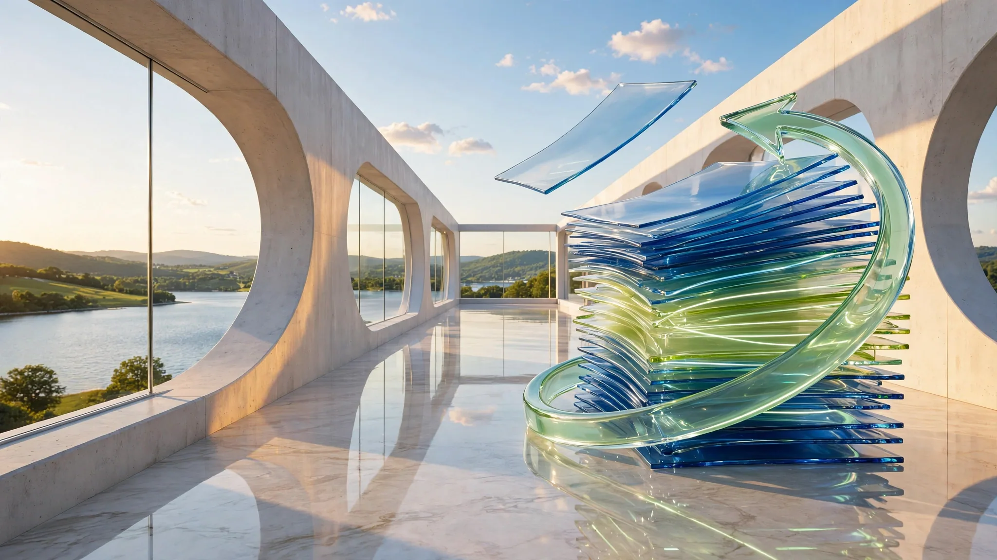Translucent glass sculpture of fanned document pages and a curving arrow on a sunny white terrace above a bay under blue sky
