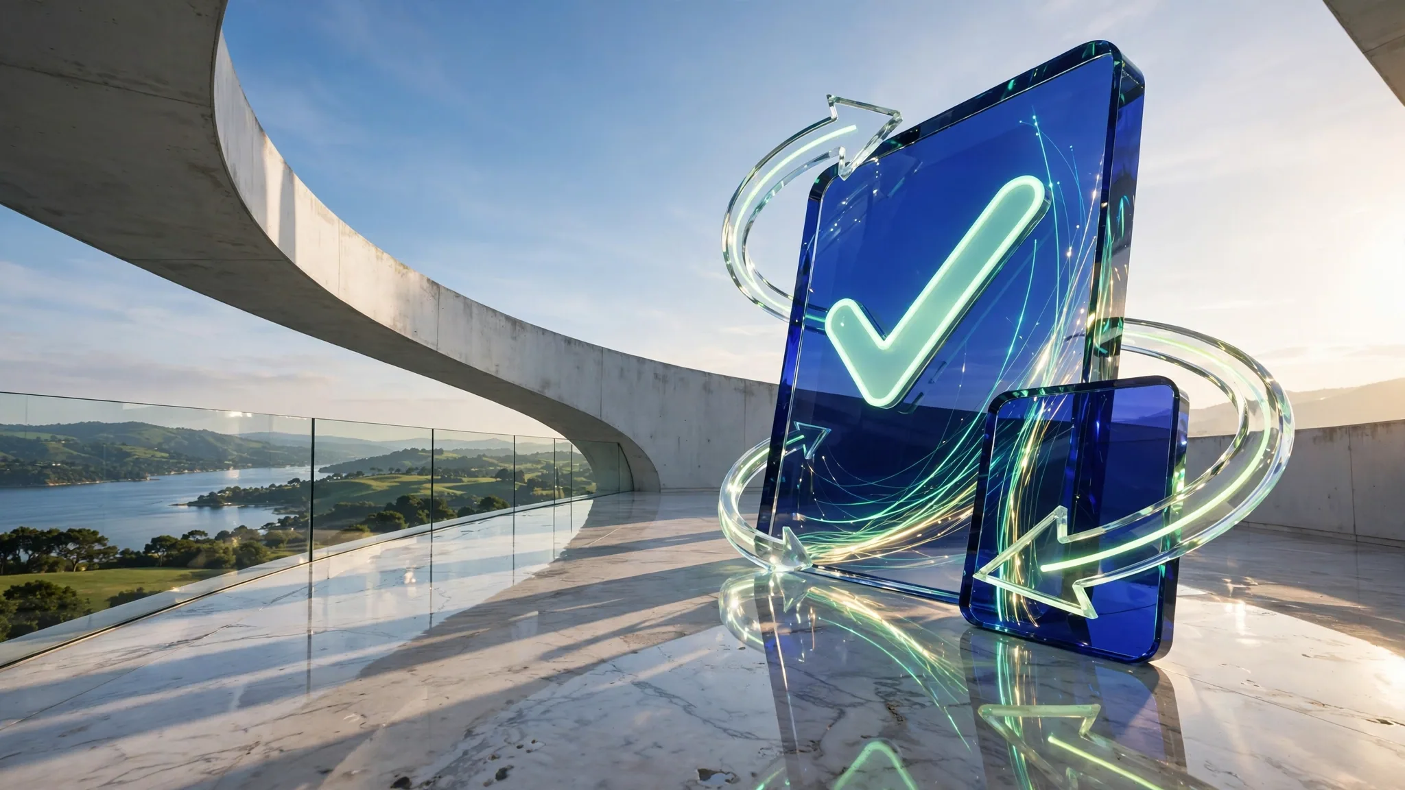 Translucent cobalt and lime glass sculpture on a sunny white concrete terrace above a bay, under a clear blue sky