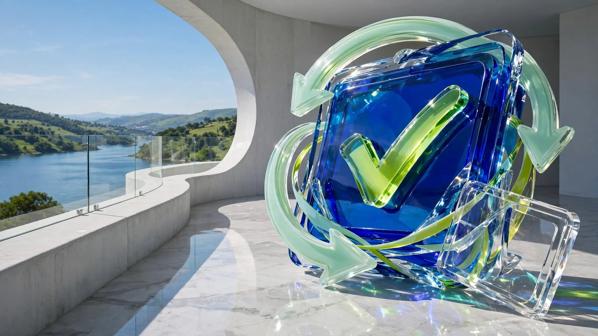 Translucent cobalt and mint glass sculpture of a payment card with a lime tick and curved arrows, set on a sunny white concrete terrace above a bay under blue sky