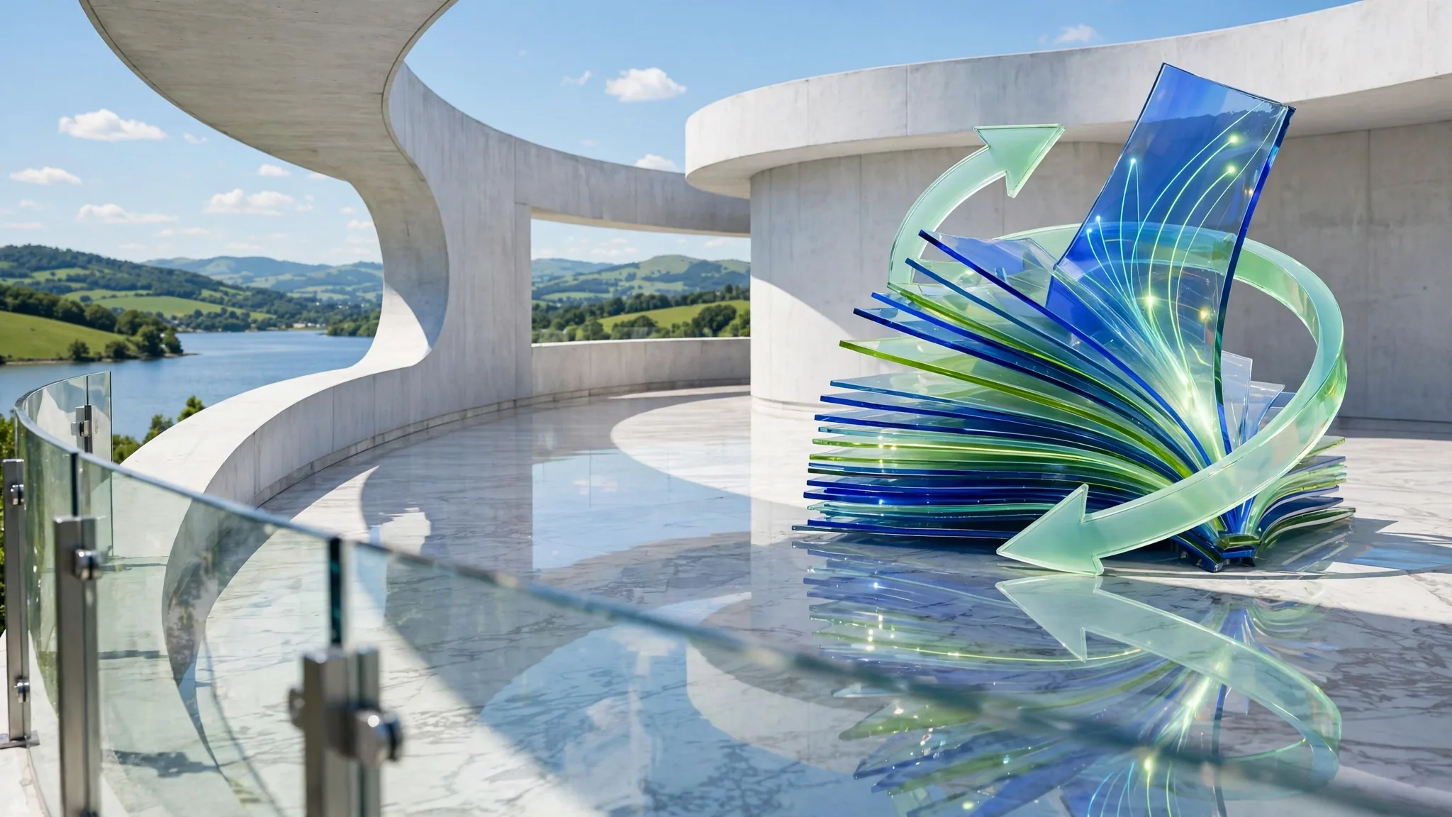 Translucent glass sculpture of fanned pages wrapped by a curving arrow, set on a sunny white concrete terrace above a bay under a clear blue sky
