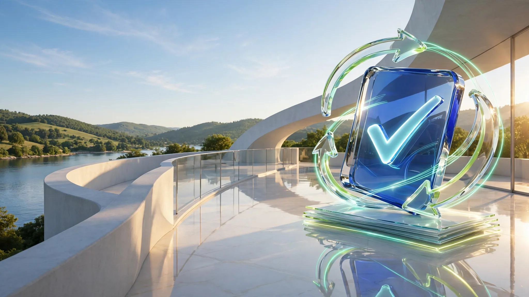 Translucent cobalt and lime glass sculpture of a card with a glowing tick, ringed by curved arrows, on a sunny white terrace above a bay