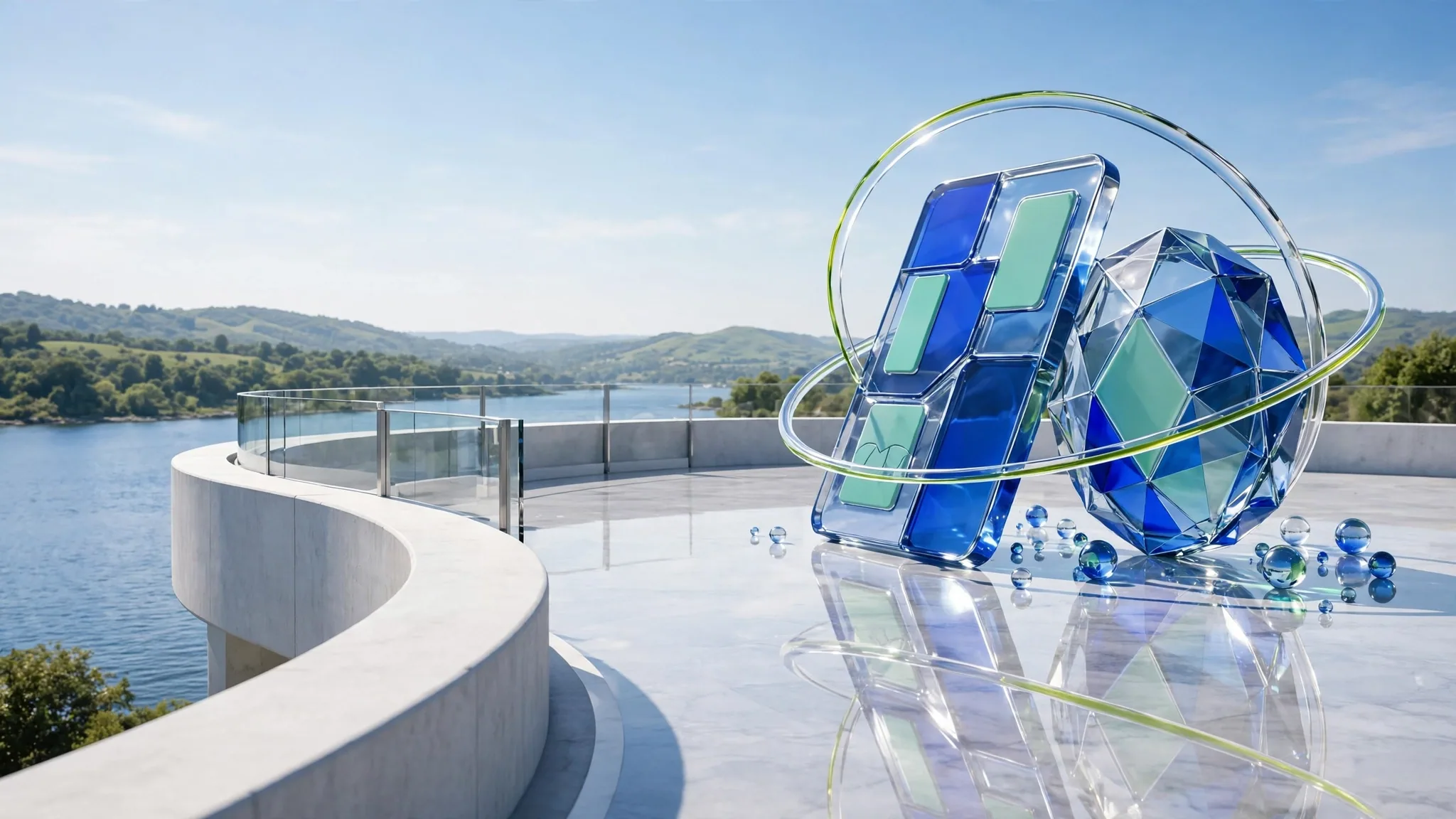 Translucent cobalt and lime glass sculpture on a sunny white concrete terrace above a bay, with blue sky and calm sea beyond