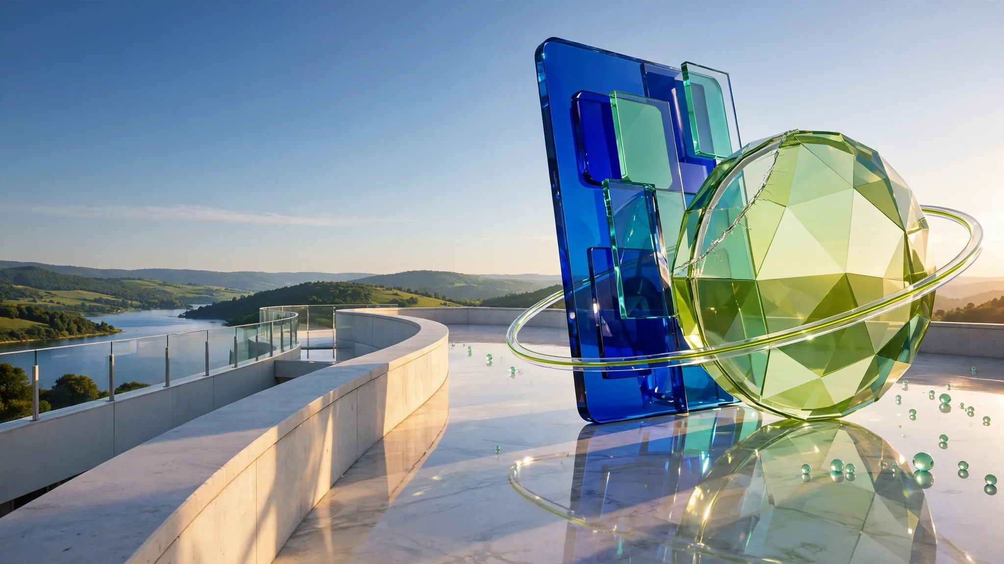 Translucent cobalt and lime glass sculpture on a sunlit white concrete terrace, with a bay and bright blue sky behind it