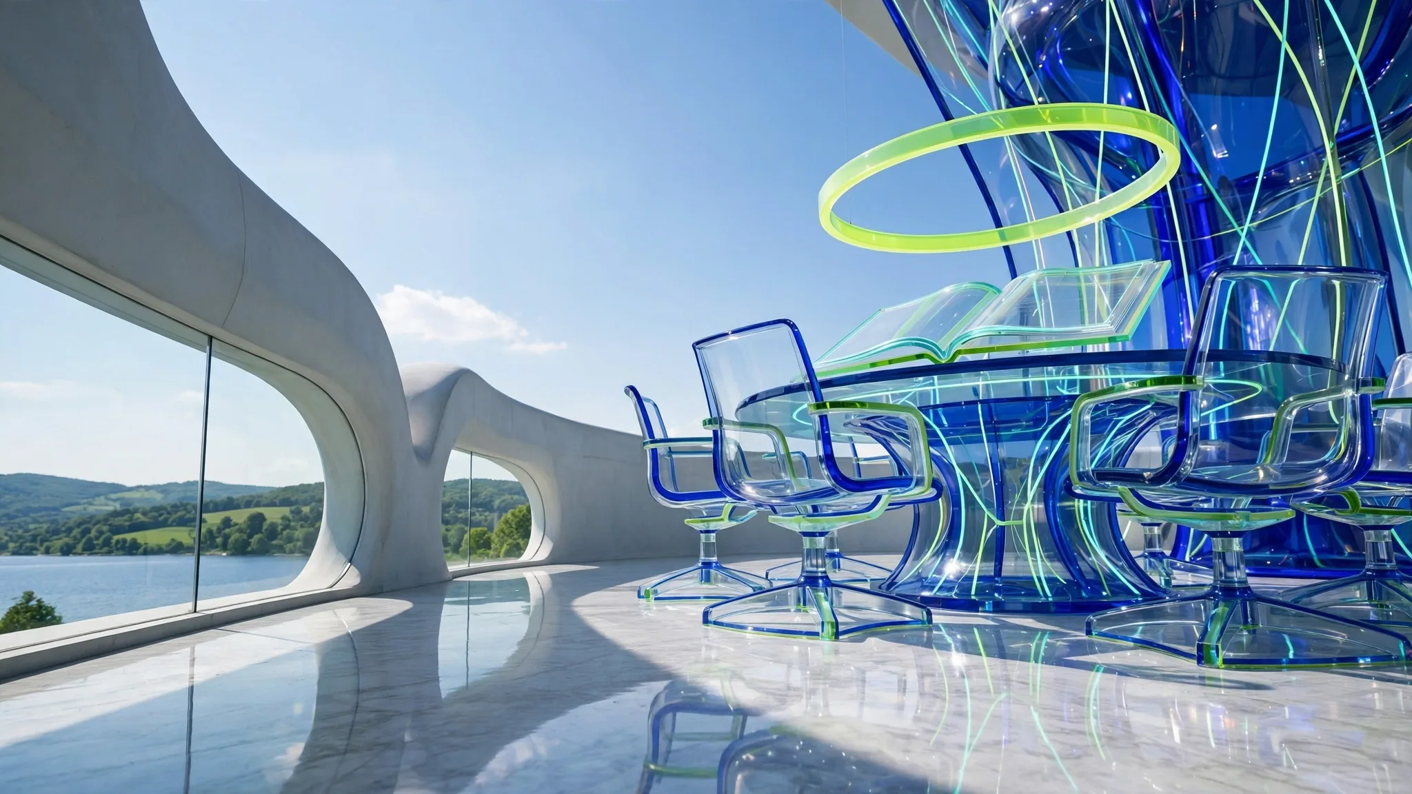 Translucent cobalt, royal blue, lime and mint glass sculpture of a round boardroom table with empty swivel chairs, on a sunny white terrace above a bay under blue sky