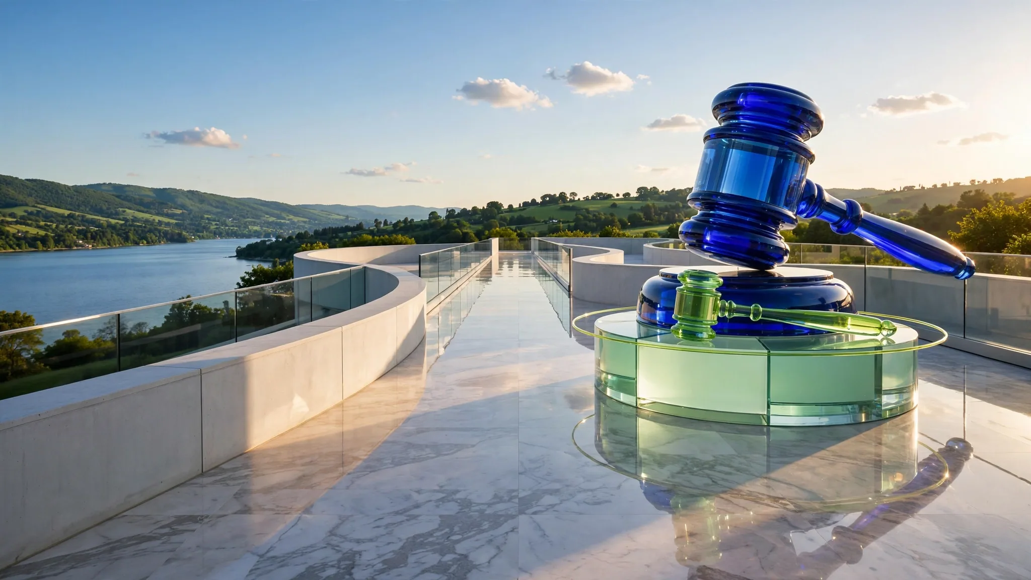 Translucent cobalt and lime glass gavel resting on a round glass block, set on a sunlit white concrete terrace above a calm blue bay under a clear sky