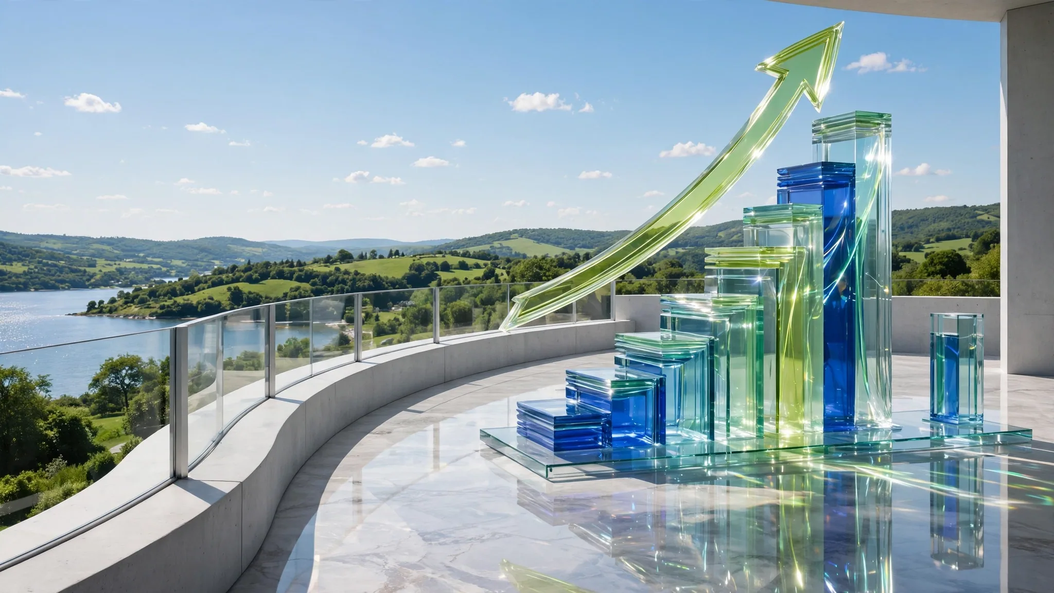 Translucent glass bar chart with a sweeping lime arrow climbing over it, set on a sunny white concrete terrace above a bright blue bay and sky