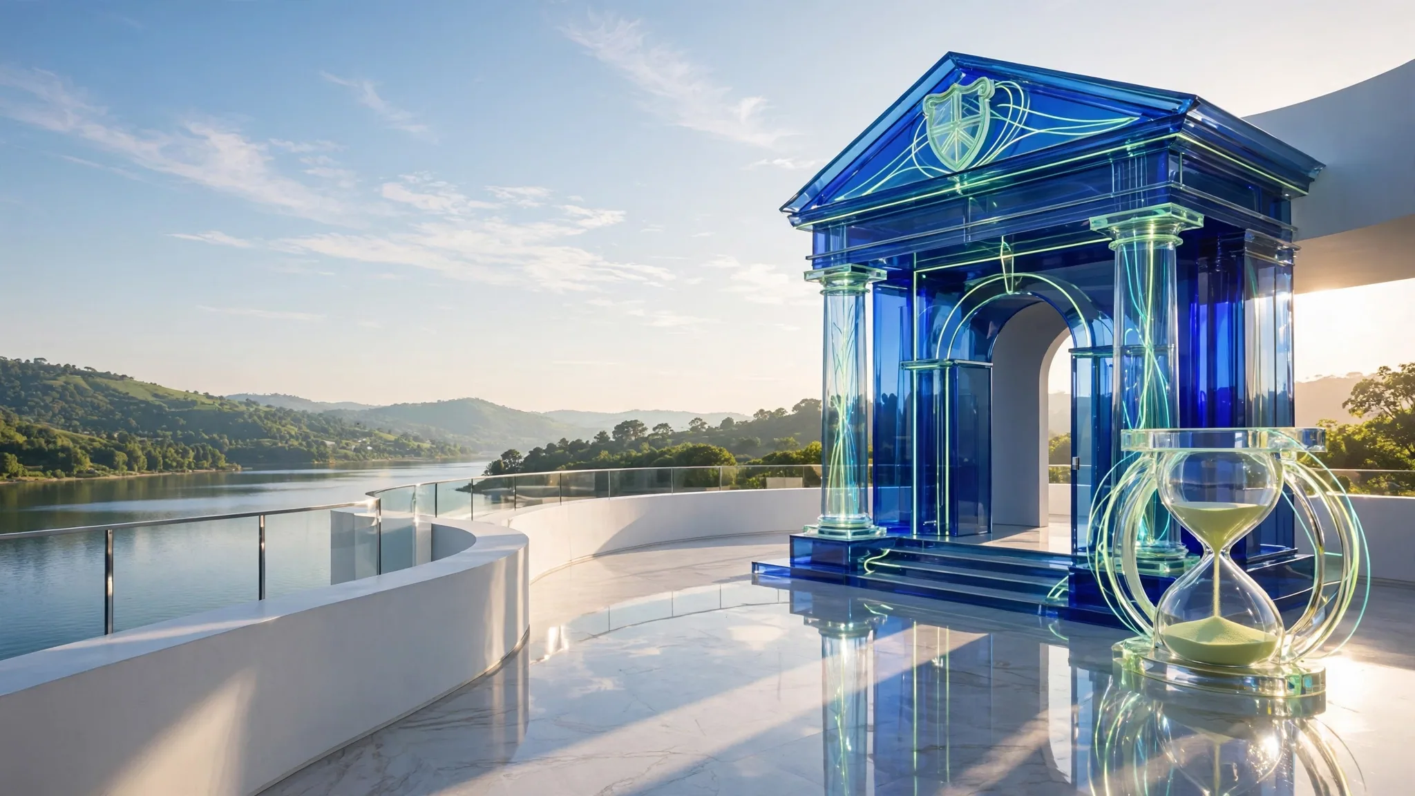 Translucent cobalt and mint glass portico with columns and steps on a sunny white terrace, overlooking a calm bay under a clear blue sky