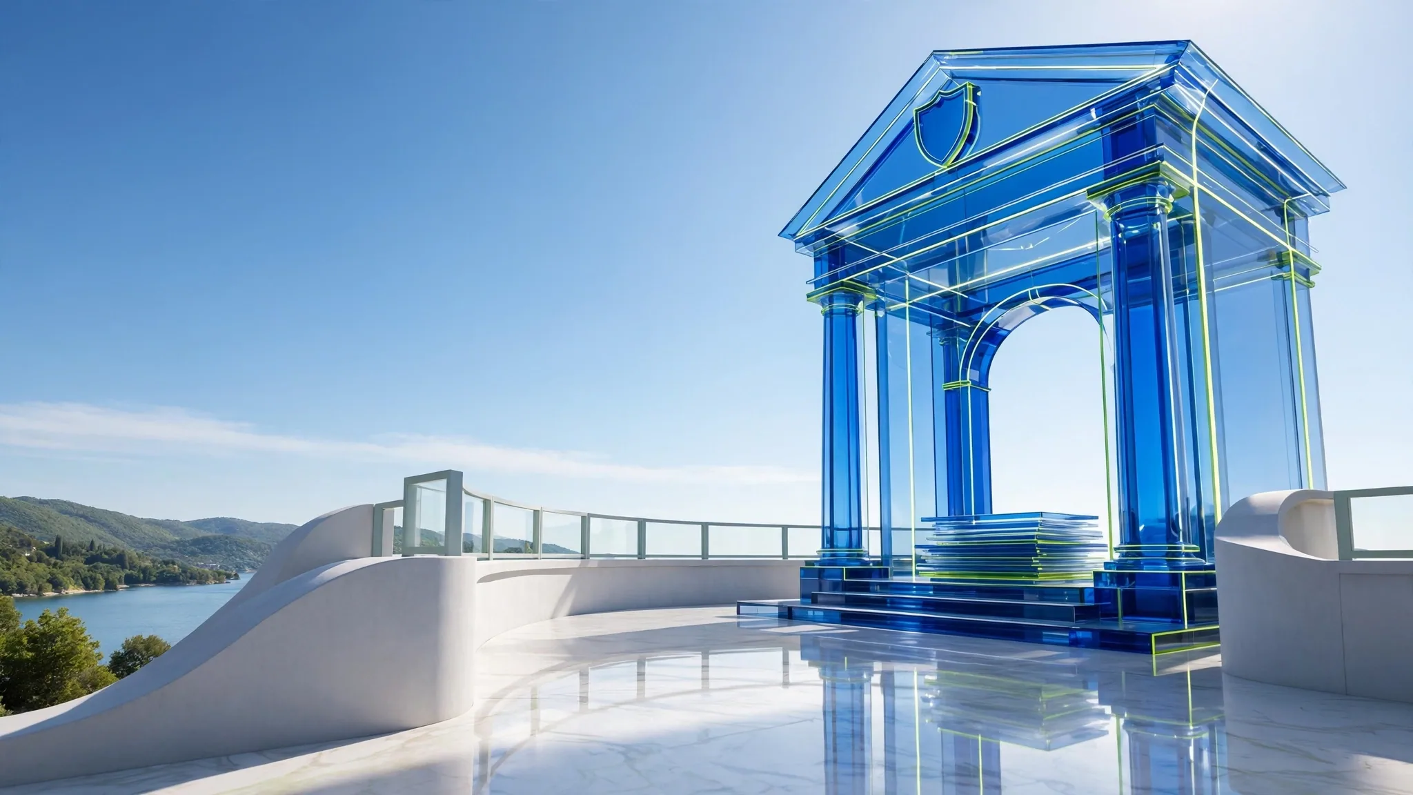 Translucent cobalt and lime glass portico with columns and steps on a sunny white terrace above a calm blue bay under a clear sky
