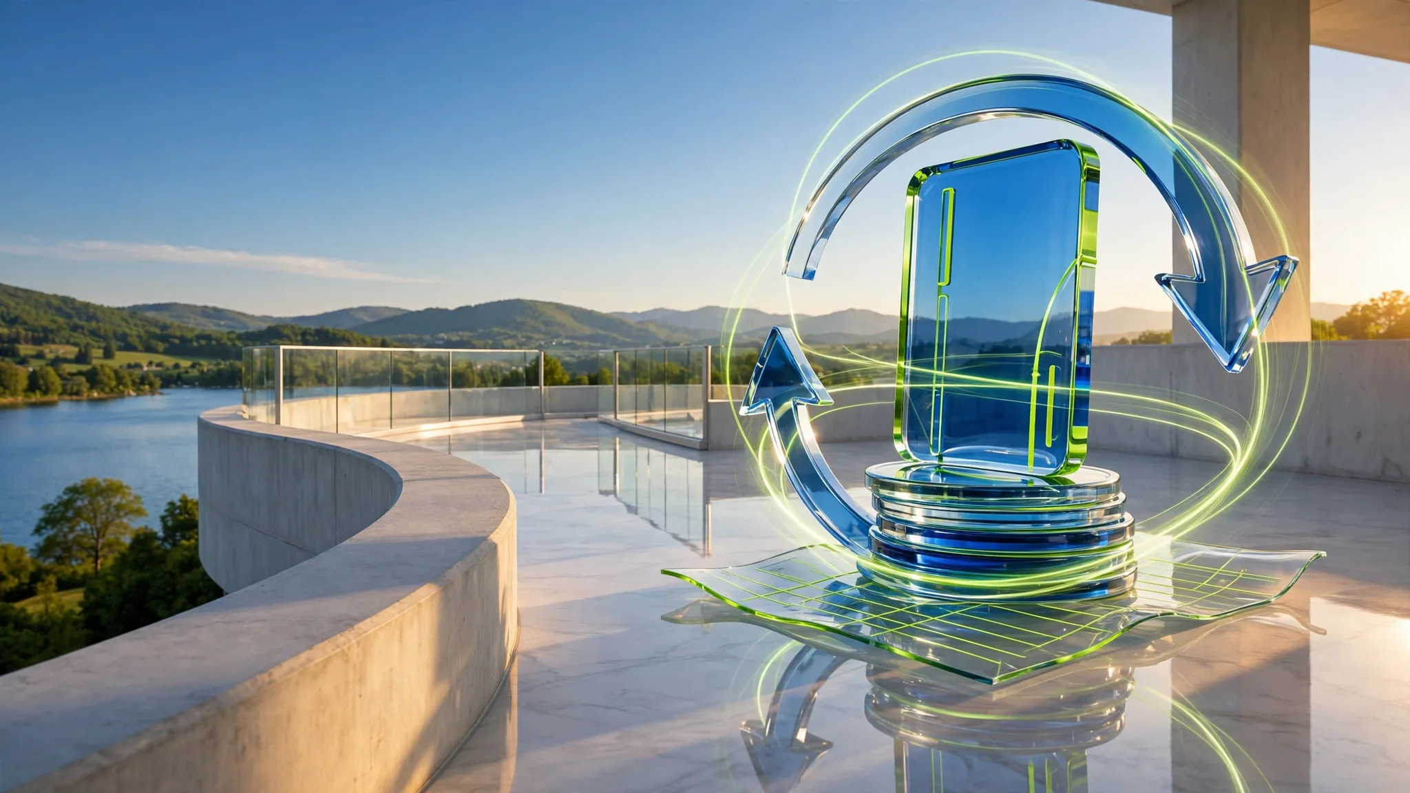 Translucent glass sculpture of a card, coin stacks and curved arrows on a sunny white terrace above a bay, under a clear blue sky