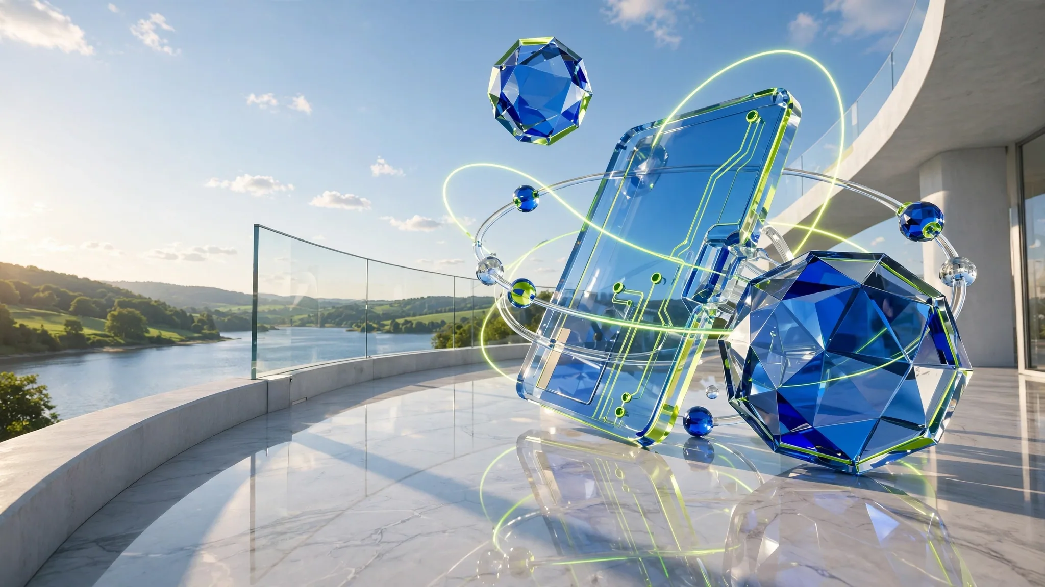 Translucent glass sculpture of a payment card and faceted coin on a sunny white concrete terrace above a bay, under a clear blue sky