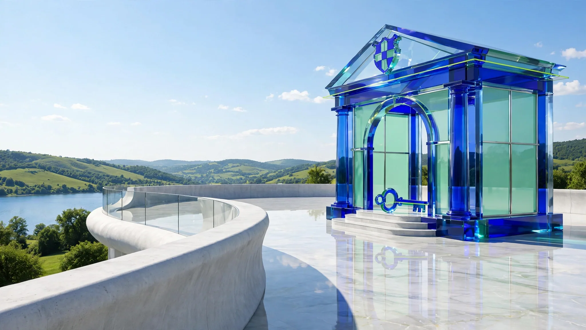 Translucent cobalt and lime glass portico with columns and steps stands on a sunny white concrete terrace above a bay under a clear blue sky