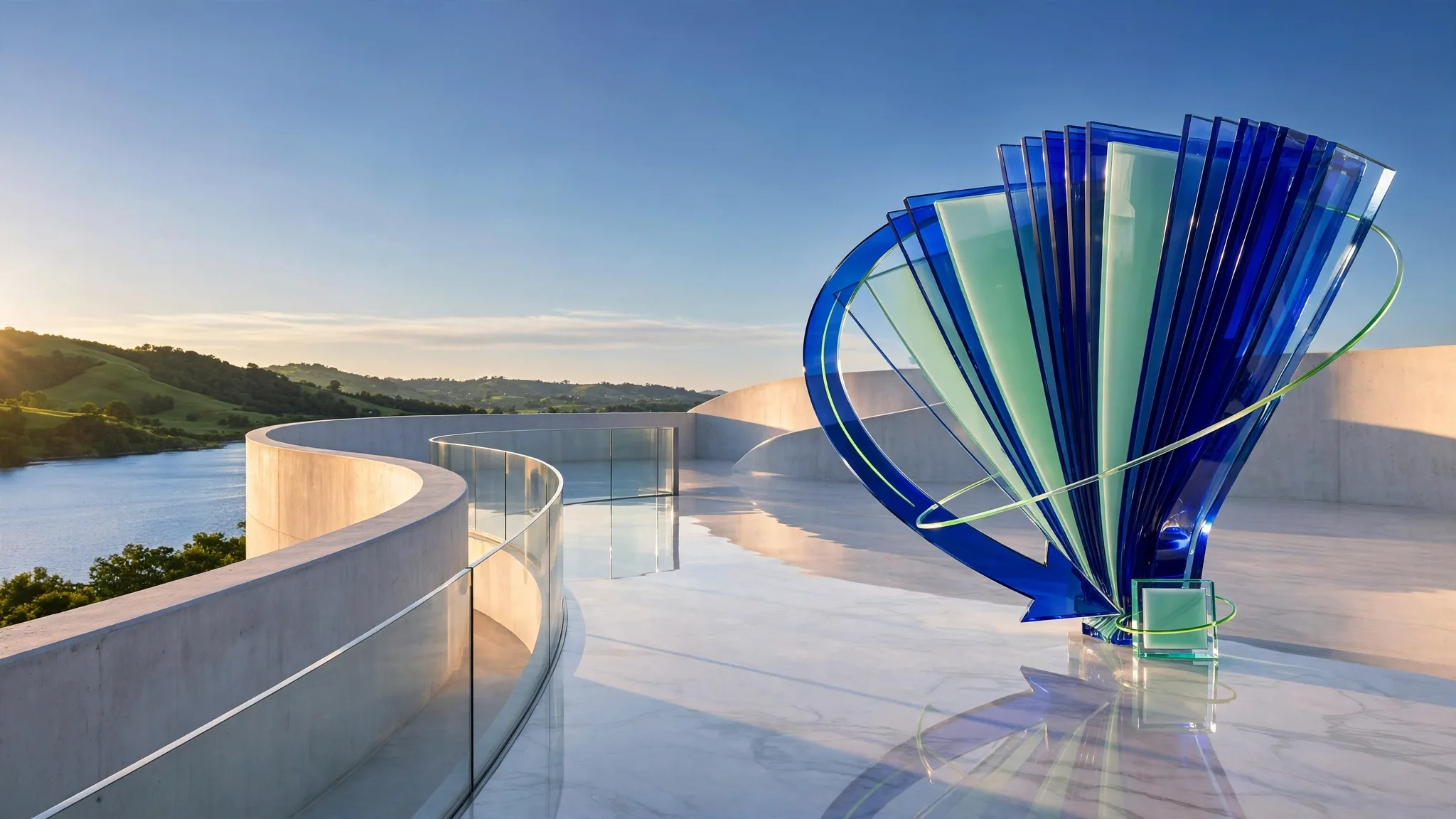 Translucent glass sculpture of fanned document pages wrapped by a curving arrow, set on a sunny white terrace above a bay under bright sky