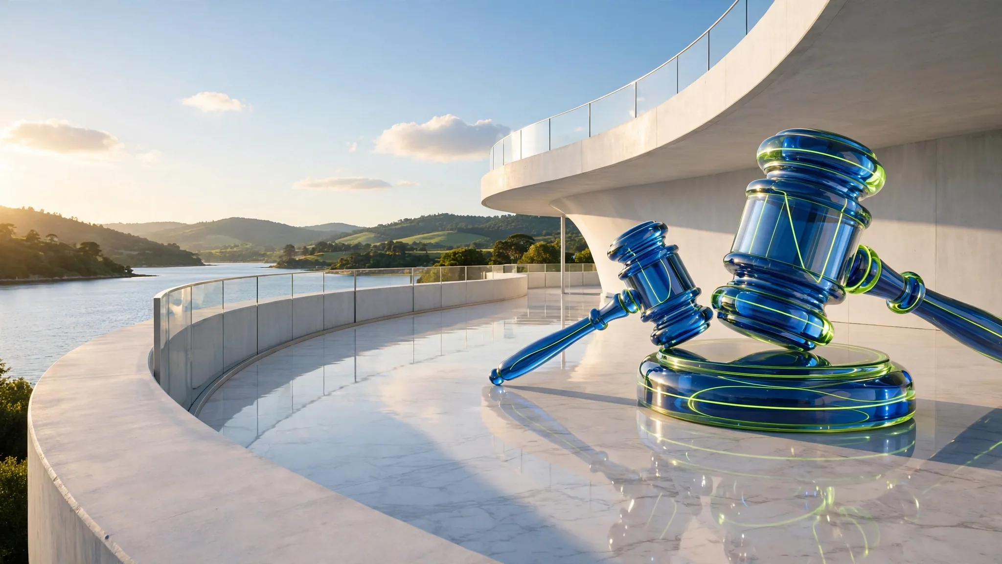Translucent cobalt and lime glass gavel resting on a round sound block, set on a sunny white concrete terrace above a bay under blue sky
