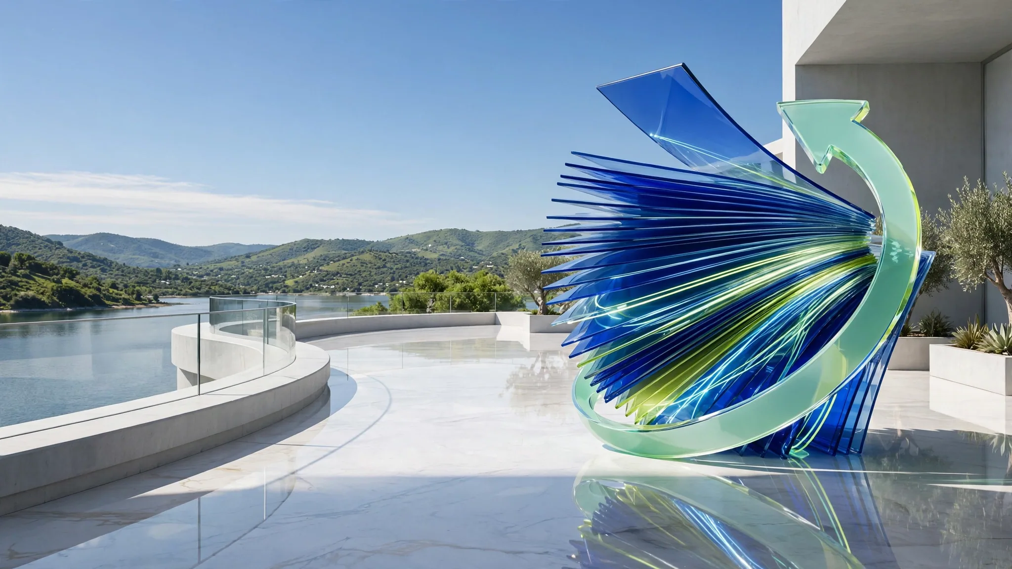 Translucent glass sculpture of fanned document pages wrapped by a curving arrow, set on a sunny white concrete terrace above a bright blue bay under clear sky