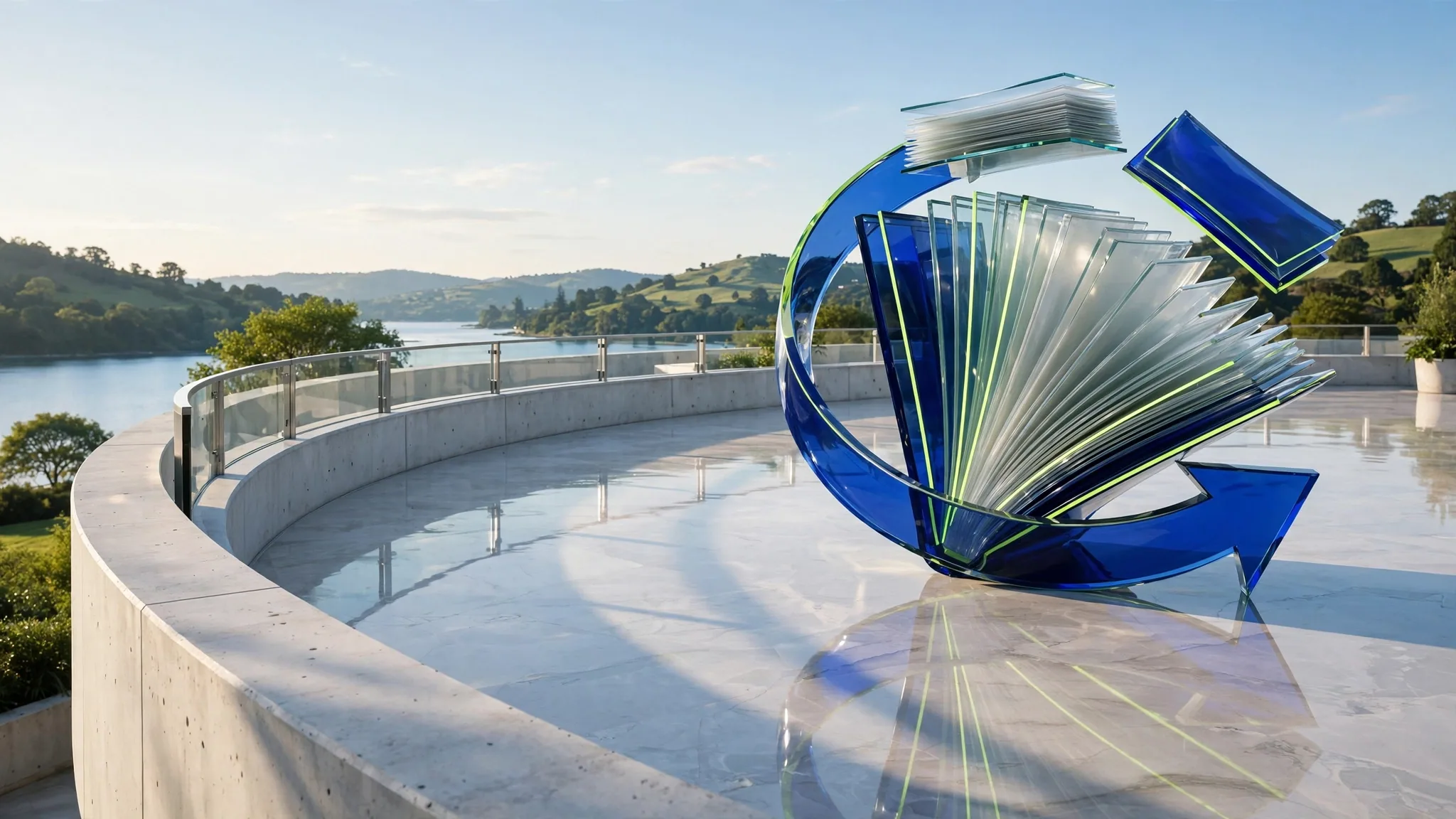 Translucent cobalt and lime glass pages fanned and wrapped by an arrow, on a sunny white terrace above a bay under bright sky