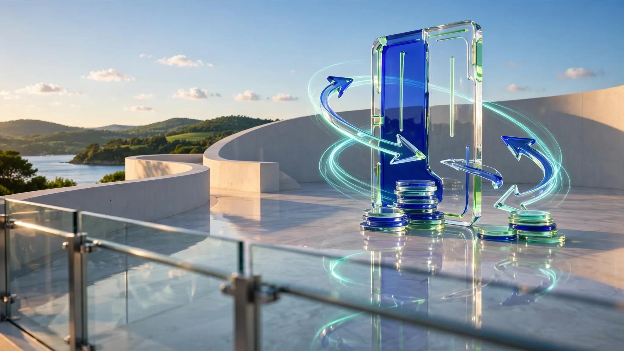 Translucent cobalt, lime and mint glass sculpture on a sunny white concrete terrace above a bay, under a clear blue sky