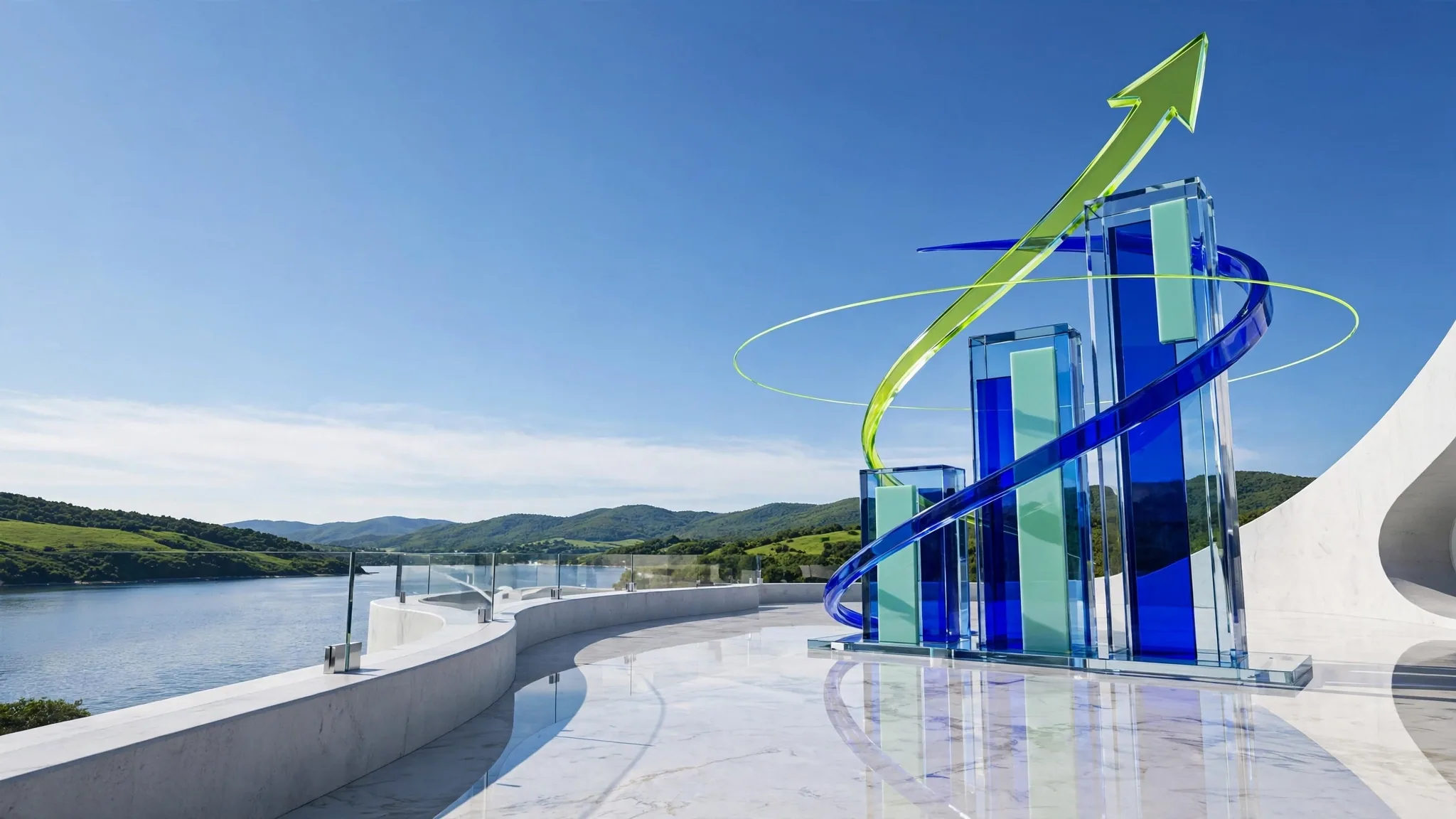 Translucent glass bar chart with a lime arrow climbing over it, set on a sunlit white concrete terrace above a bay under a bright blue sky