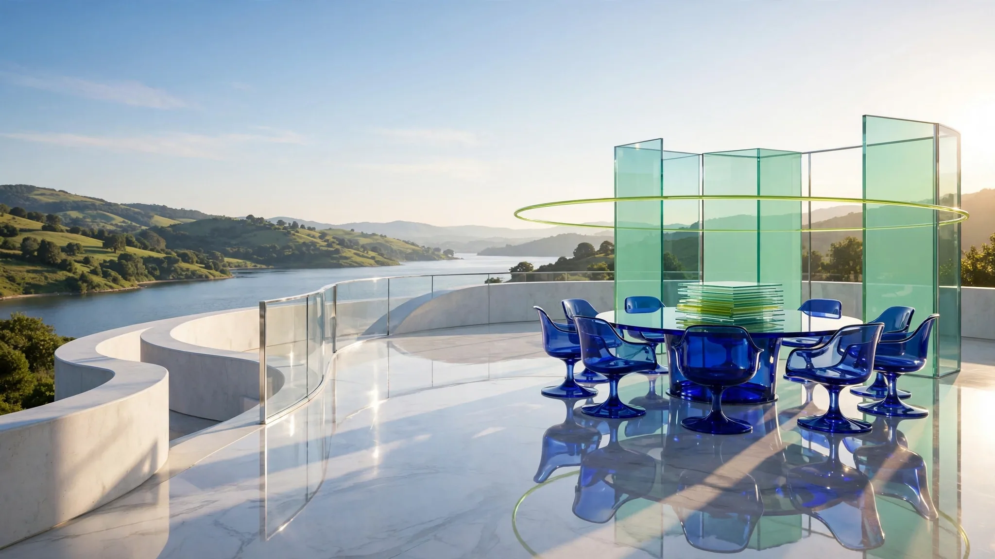 Translucent cobalt and mint glass table and empty swivel chairs stand on a sunny white concrete terrace above a calm bay under a clear blue sky
