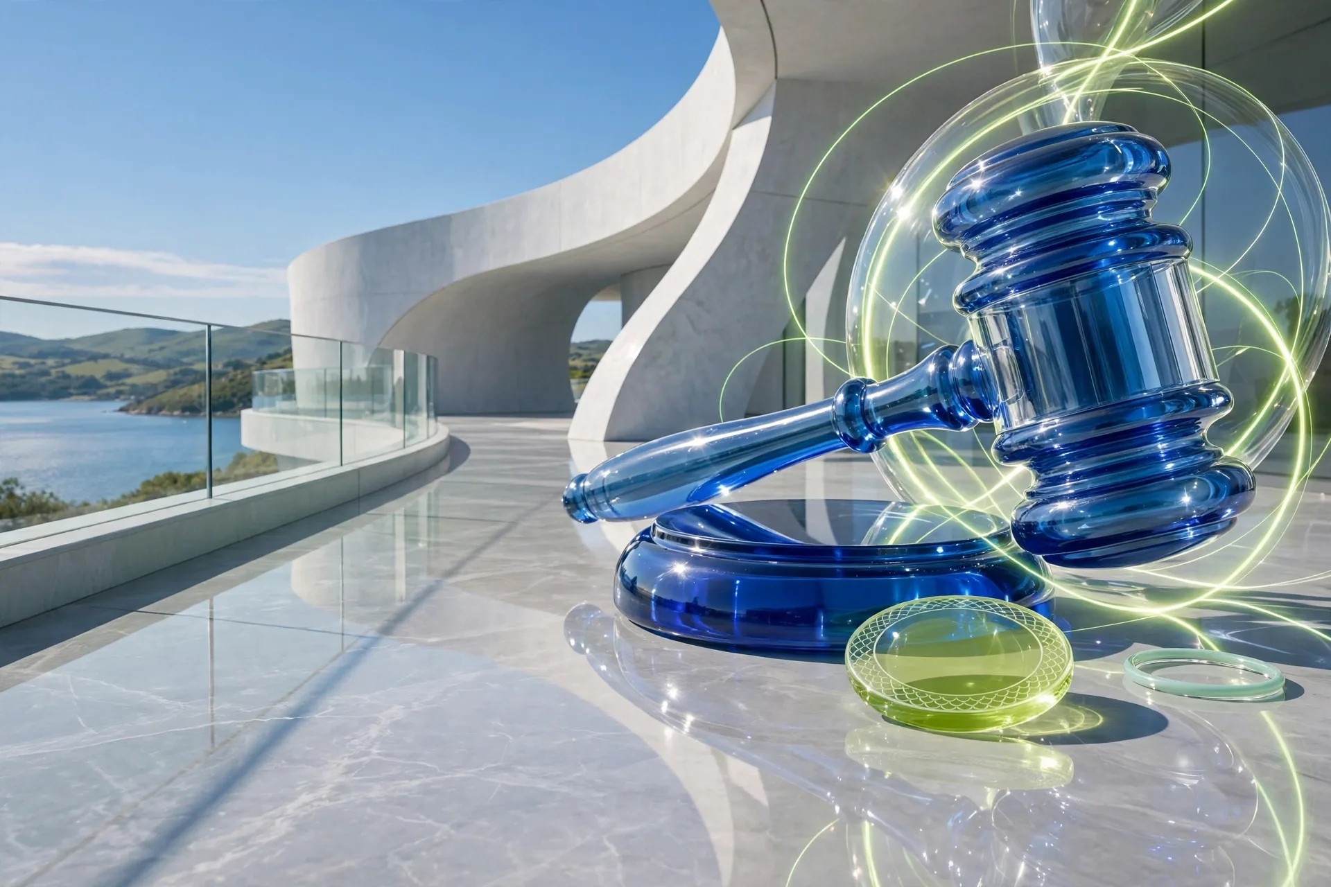 Translucent glass gavel resting on a round glass block on a sunny white terrace, with a bay and blue sky beyond