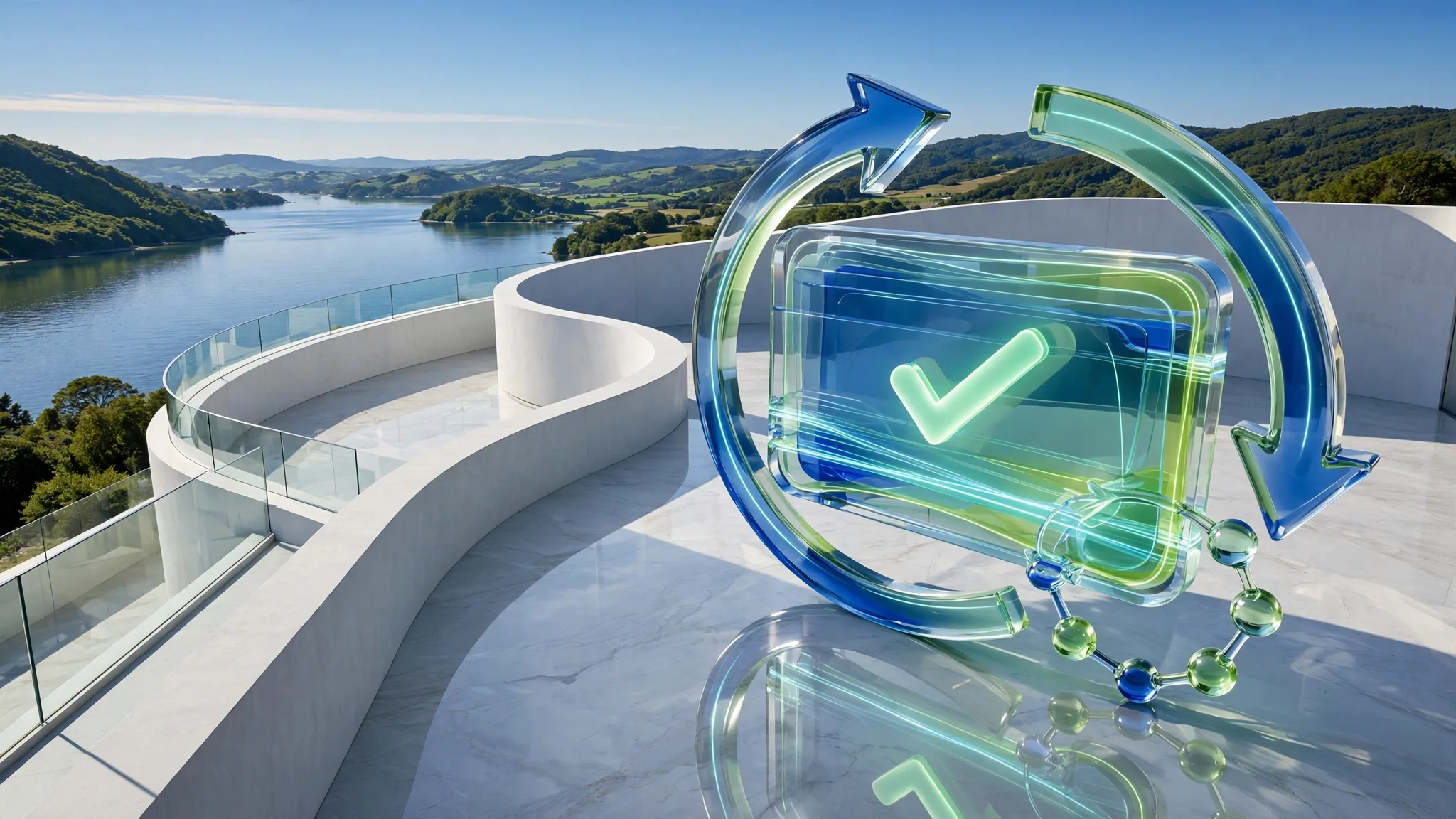 Translucent cobalt and lime glass sculpture of a payment card with a glowing tick, on a sunny white concrete terrace above a bright blue bay under a clear sky
