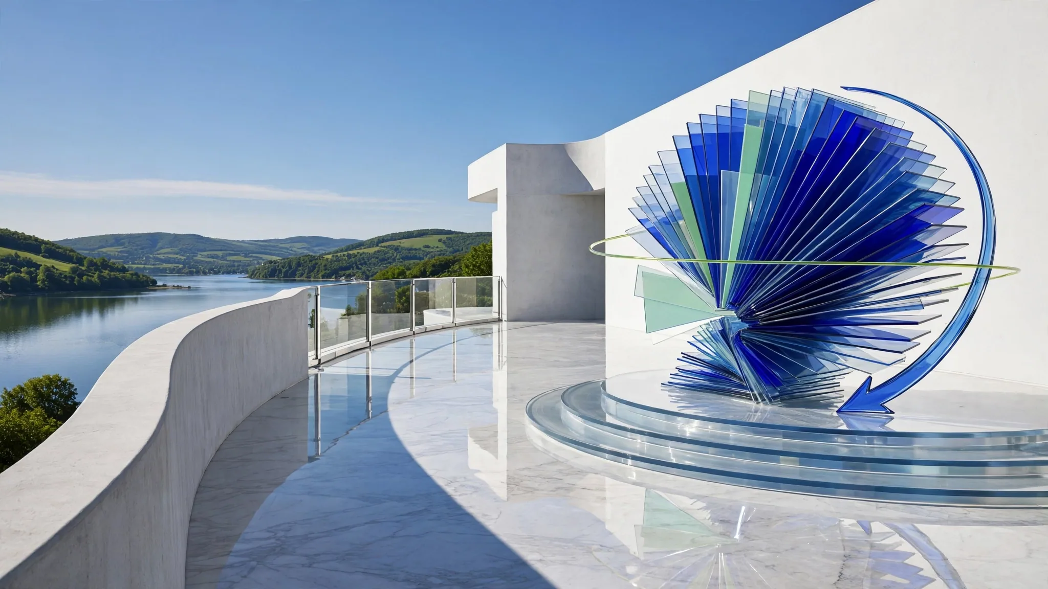 Translucent glass sculpture of fanned document pages wrapped by a curving arrow, on a sunny white terrace above a bay under blue sky