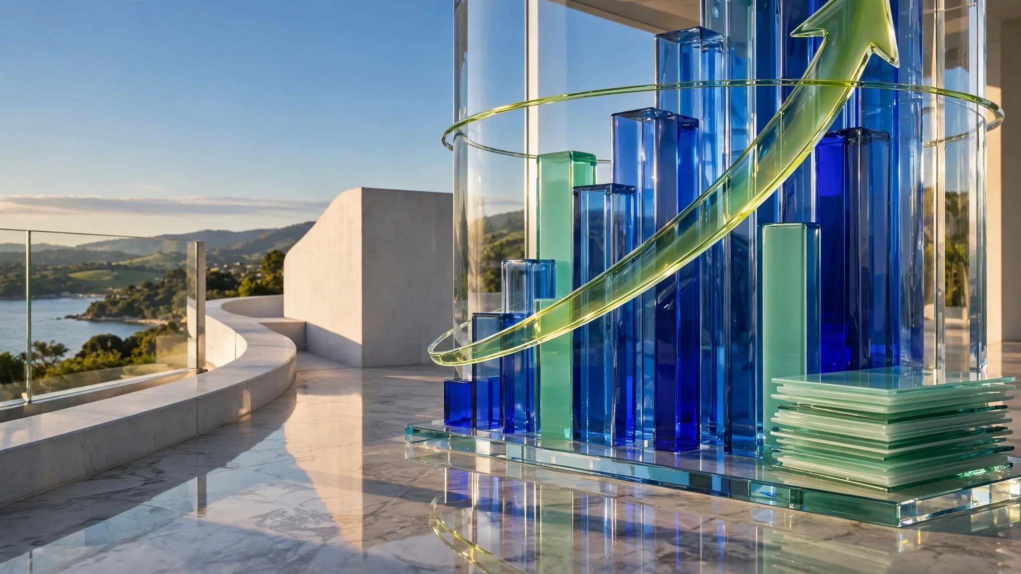 Translucent cobalt and lime glass sculpture of a rising bar chart and sweeping arrow on a sunny white concrete terrace above a bay under blue sky