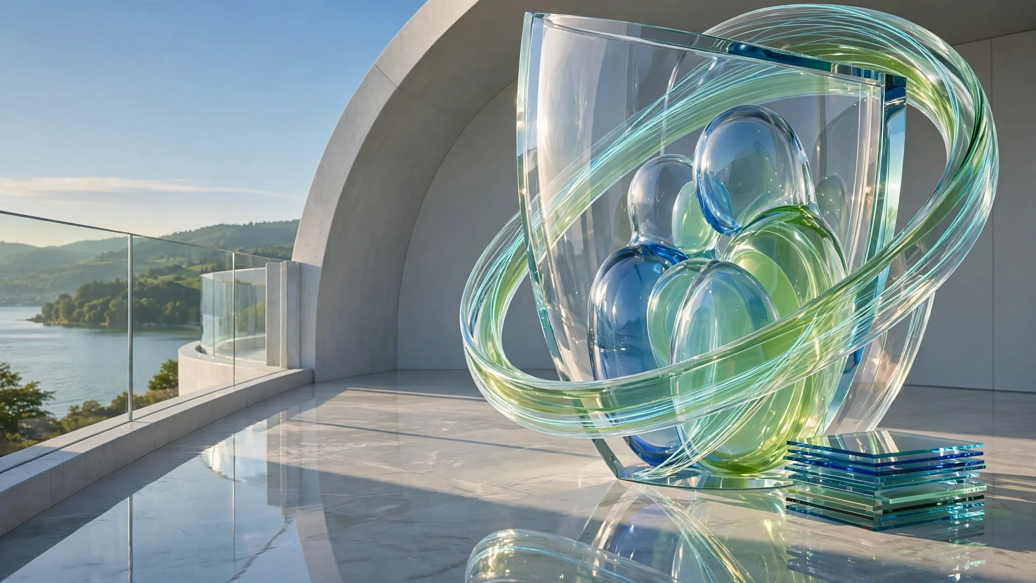 Translucent cobalt, royal blue, lime and mint glass sculpture on a sunny white concrete terrace above a bay, under a clear blue sky