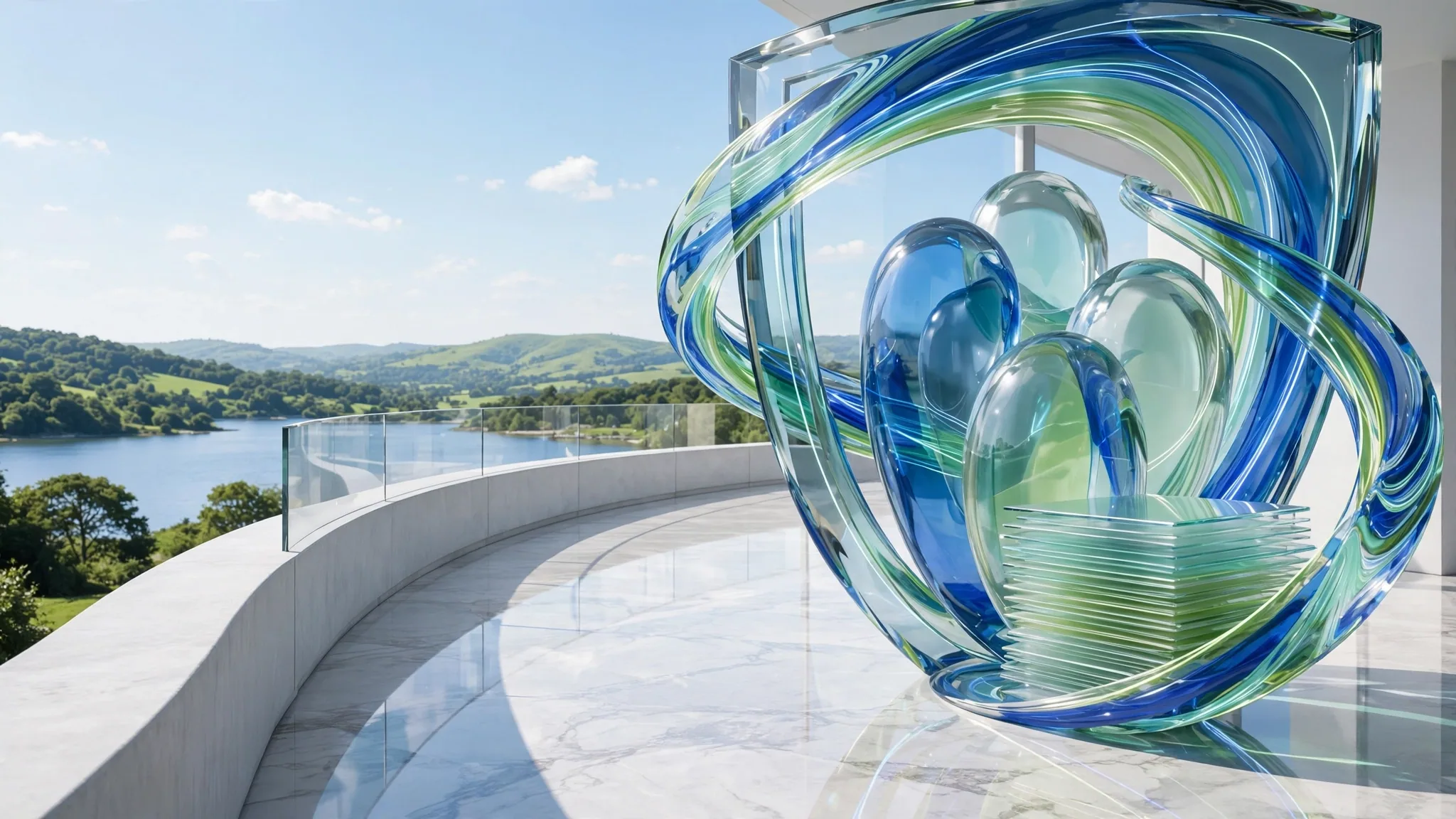 Translucent cobalt and lime glass shield with three rounded figures and a sweeping ribbon, set on a sunny white concrete terrace above a bright blue bay under clear sky