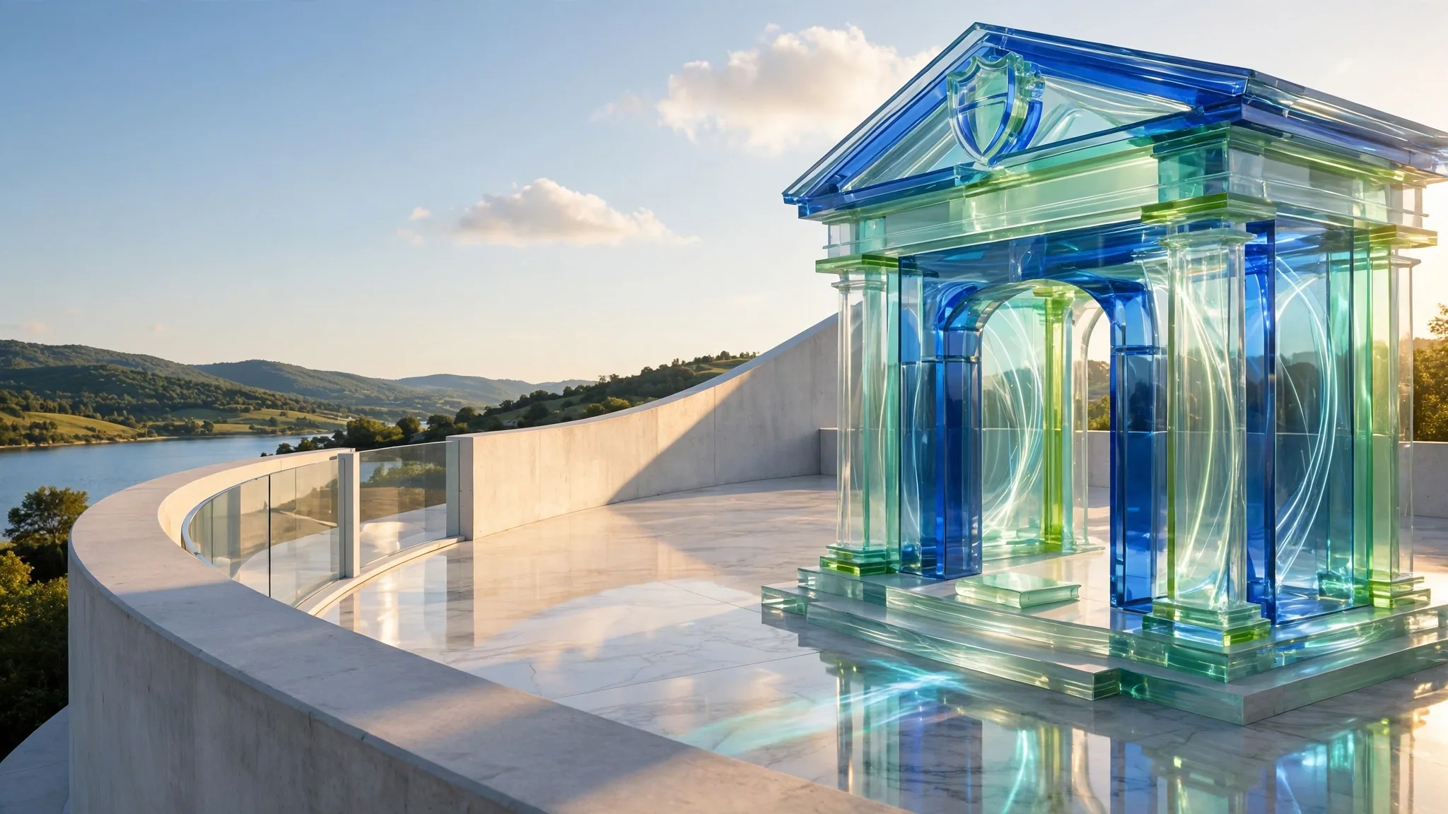 Translucent glass classical portico with two columns and steps stands on a sunlit white terrace above a calm bay under a clear blue sky