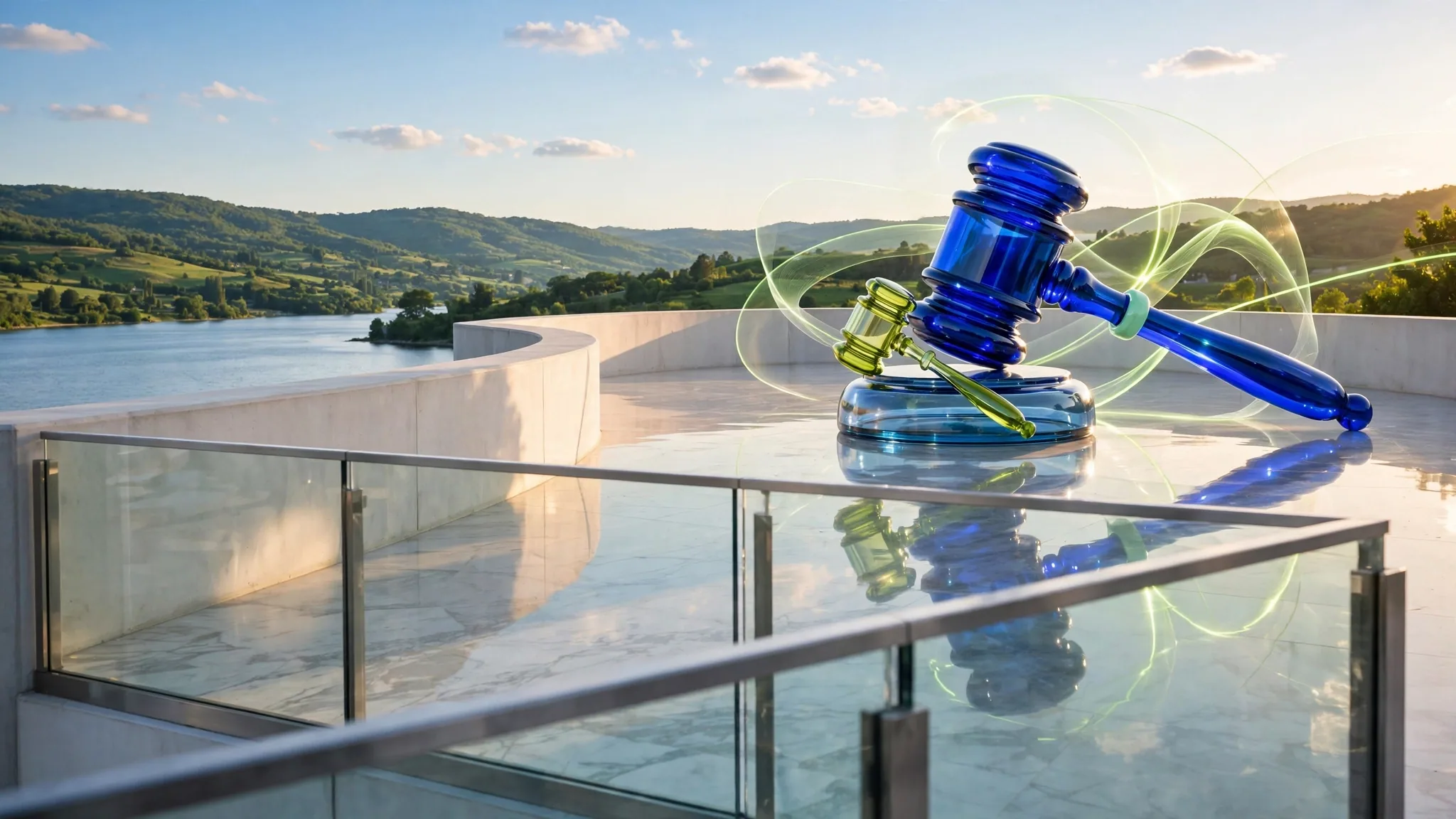 Translucent glass sculpture of a gavel on its sound block sits on a sunny white concrete terrace above a bay under a clear blue sky
