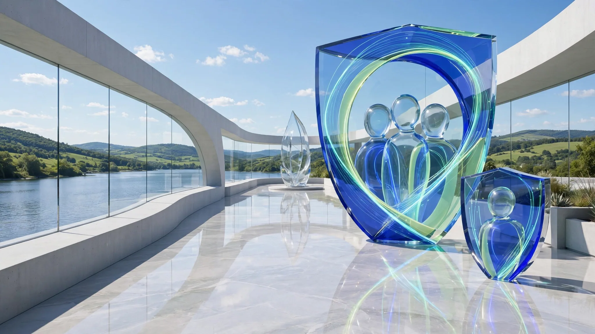 Translucent cobalt and lime glass shield holding three rounded faceless figures, wrapped by a sweeping ribbon ring, on a sunny white terrace above a bay