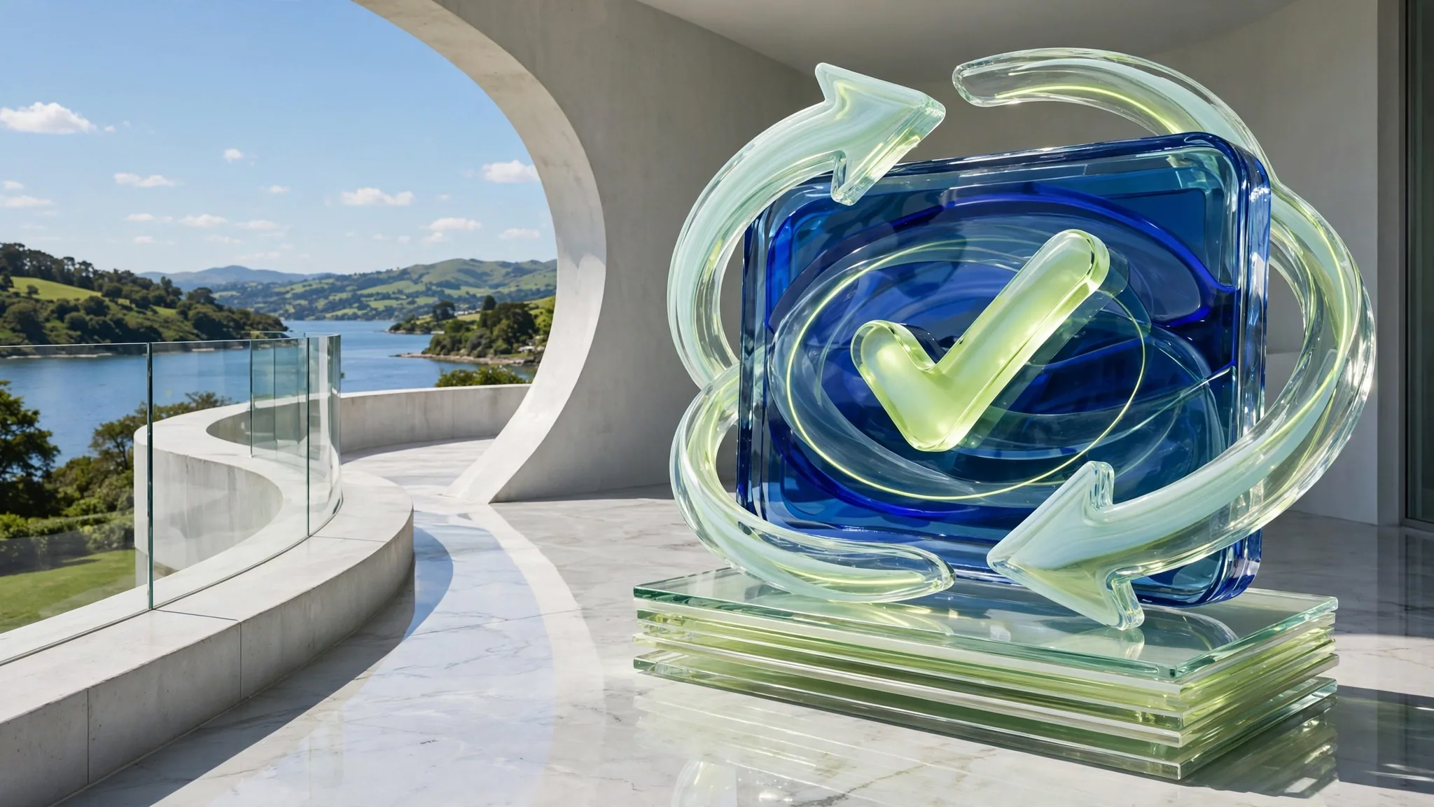 Translucent glass sculpture of a payment card with a glowing tick, ringed by curved arrows, on a sunny white terrace above a bay under blue sky