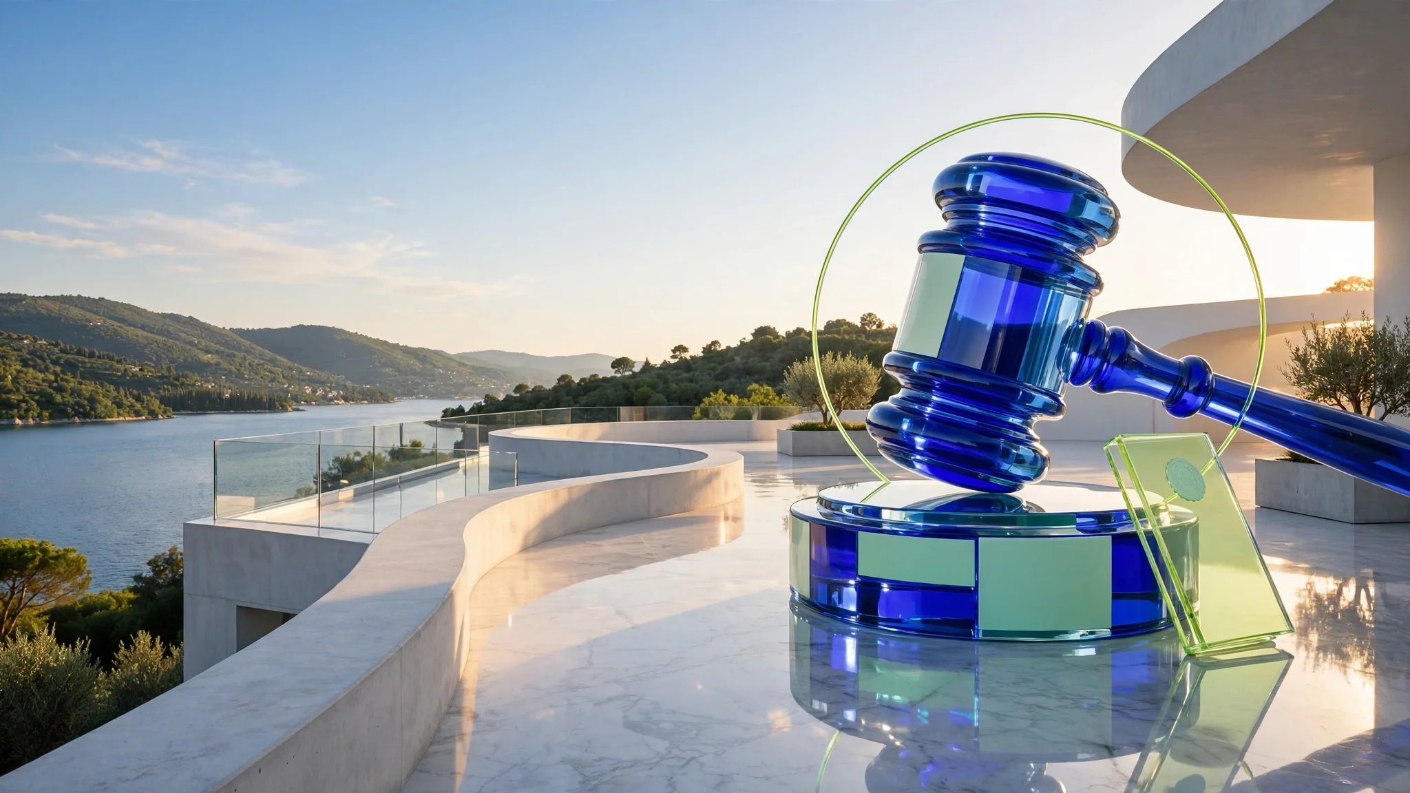 Translucent cobalt and lime glass gavel resting on a round glass block on a sunny white concrete terrace above a bright blue bay under clear sky