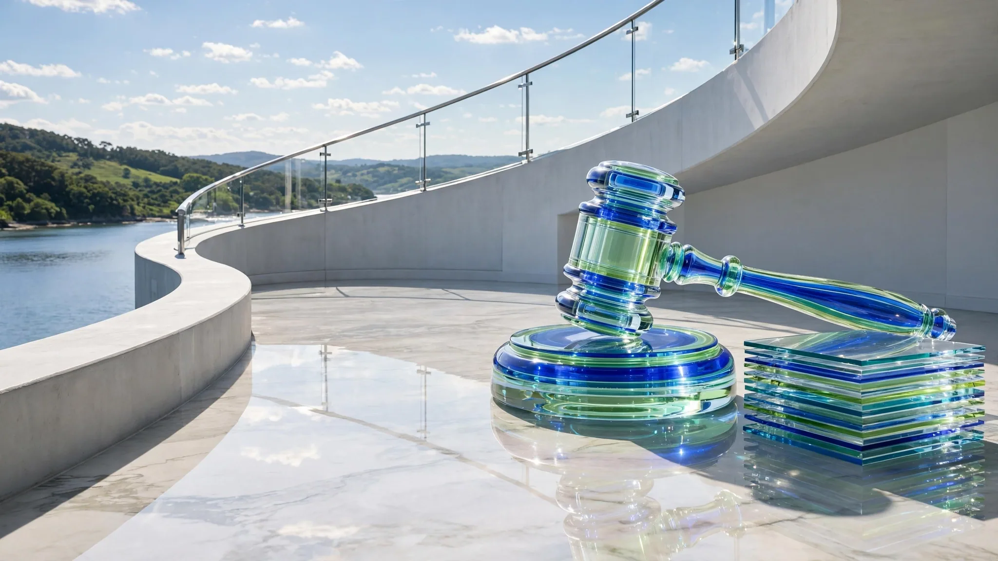 Translucent cobalt and lime glass gavel resting on its round sound block on a sunny white concrete terrace above a bay, with blue sky