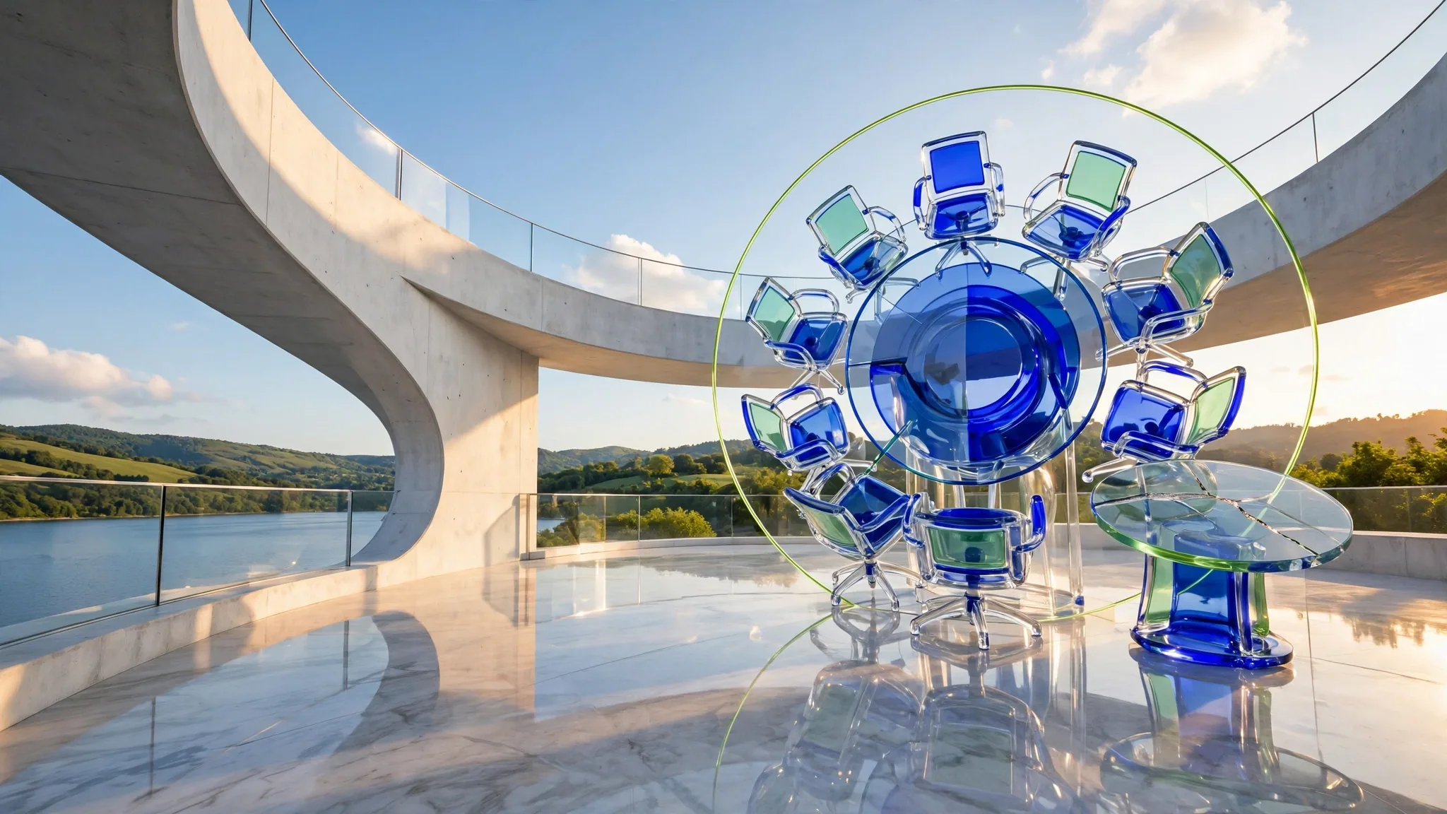 Translucent cobalt and mint glass sculpture of a round boardroom table with empty swivel chairs, set on a sunny white terrace above a bay under blue sky