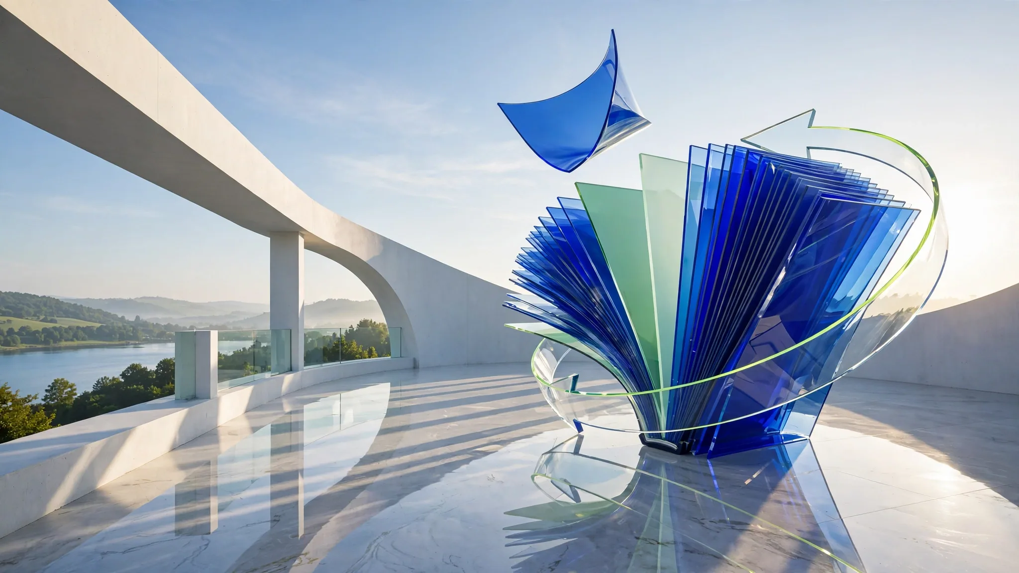 Translucent glass sculpture of fanned pages wrapped by a curving arrow, set on a sunny white concrete terrace above a bay under a clear sky