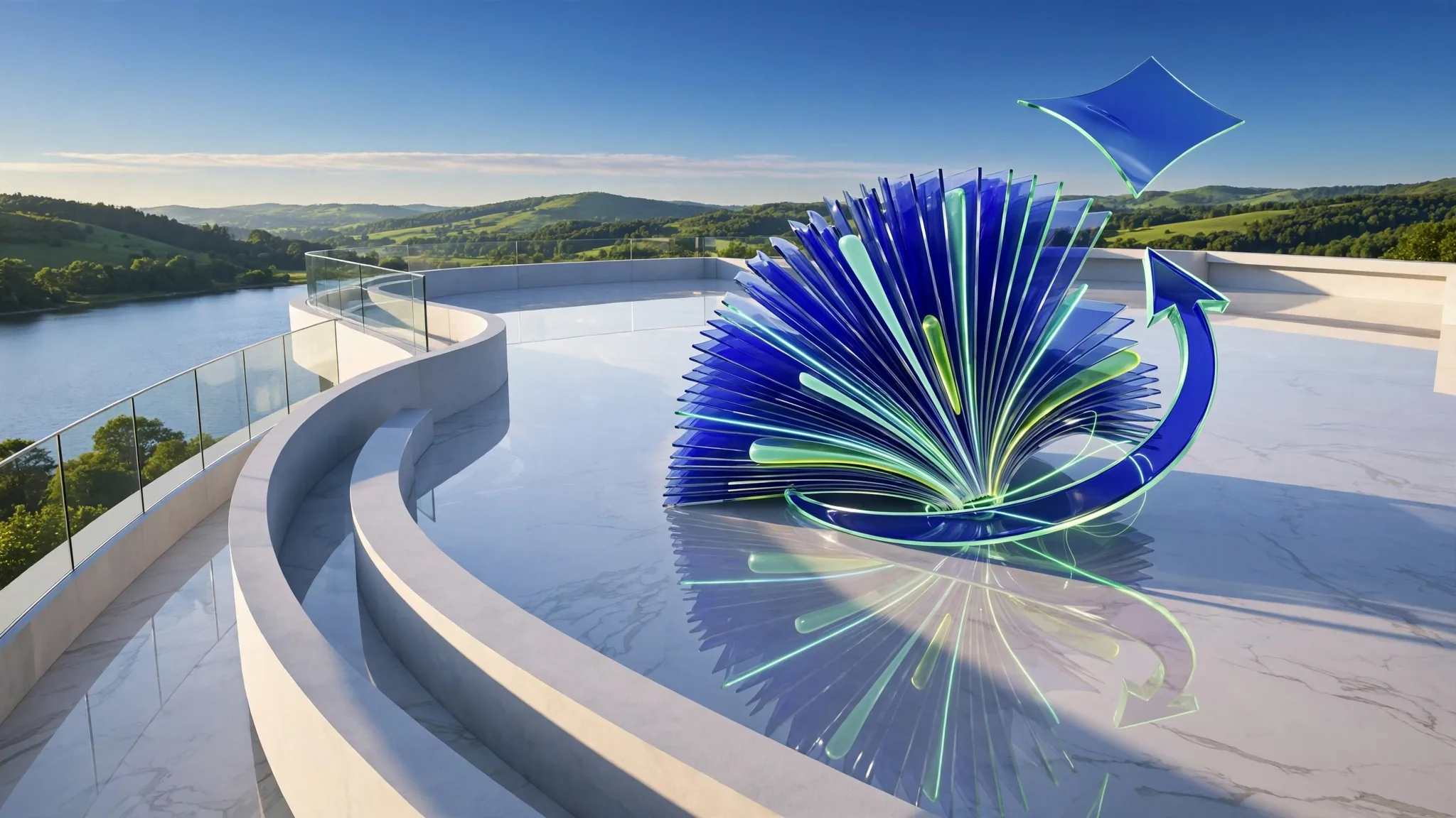 Translucent glass sculpture of fanned pages wrapped by a curving arrow, set on a sunny white concrete terrace above a calm blue bay under a clear sky