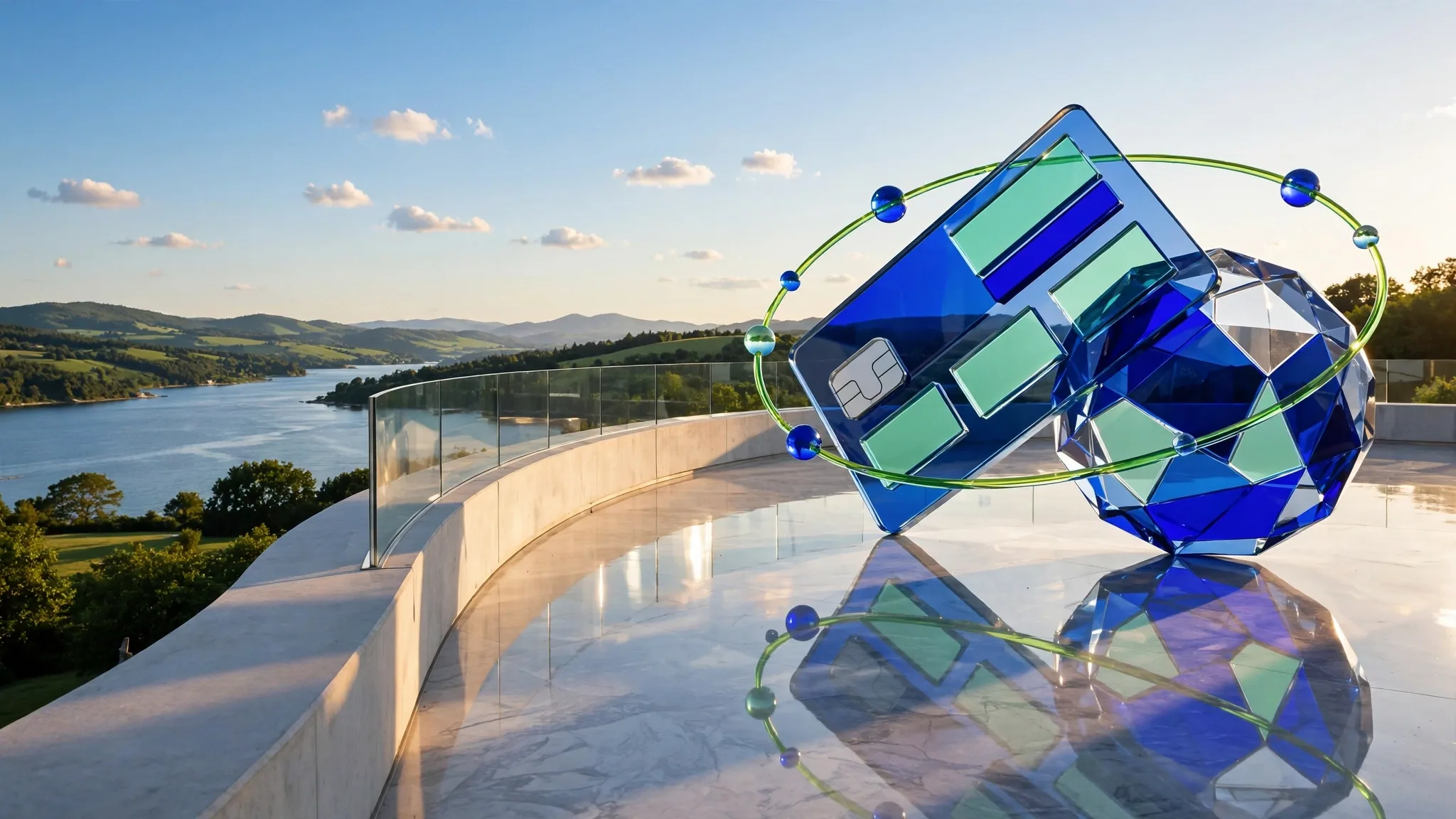 Translucent glass sculpture of a payment card and faceted coin on a white concrete terrace above a sunny bay, with blue sky beyond