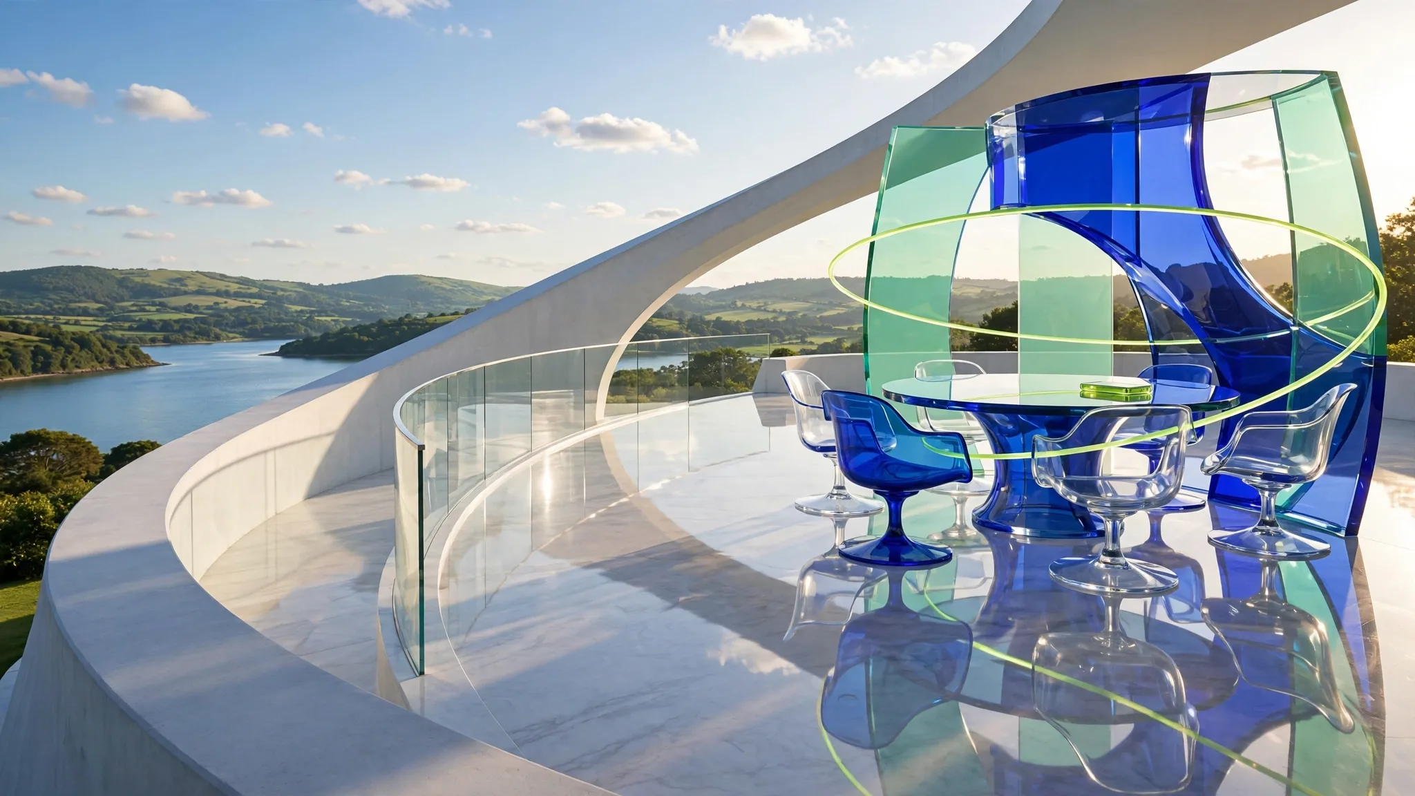 Translucent cobalt glass boardroom table with empty swivel chairs on a sunny white concrete terrace, with a bay and blue sky beyond