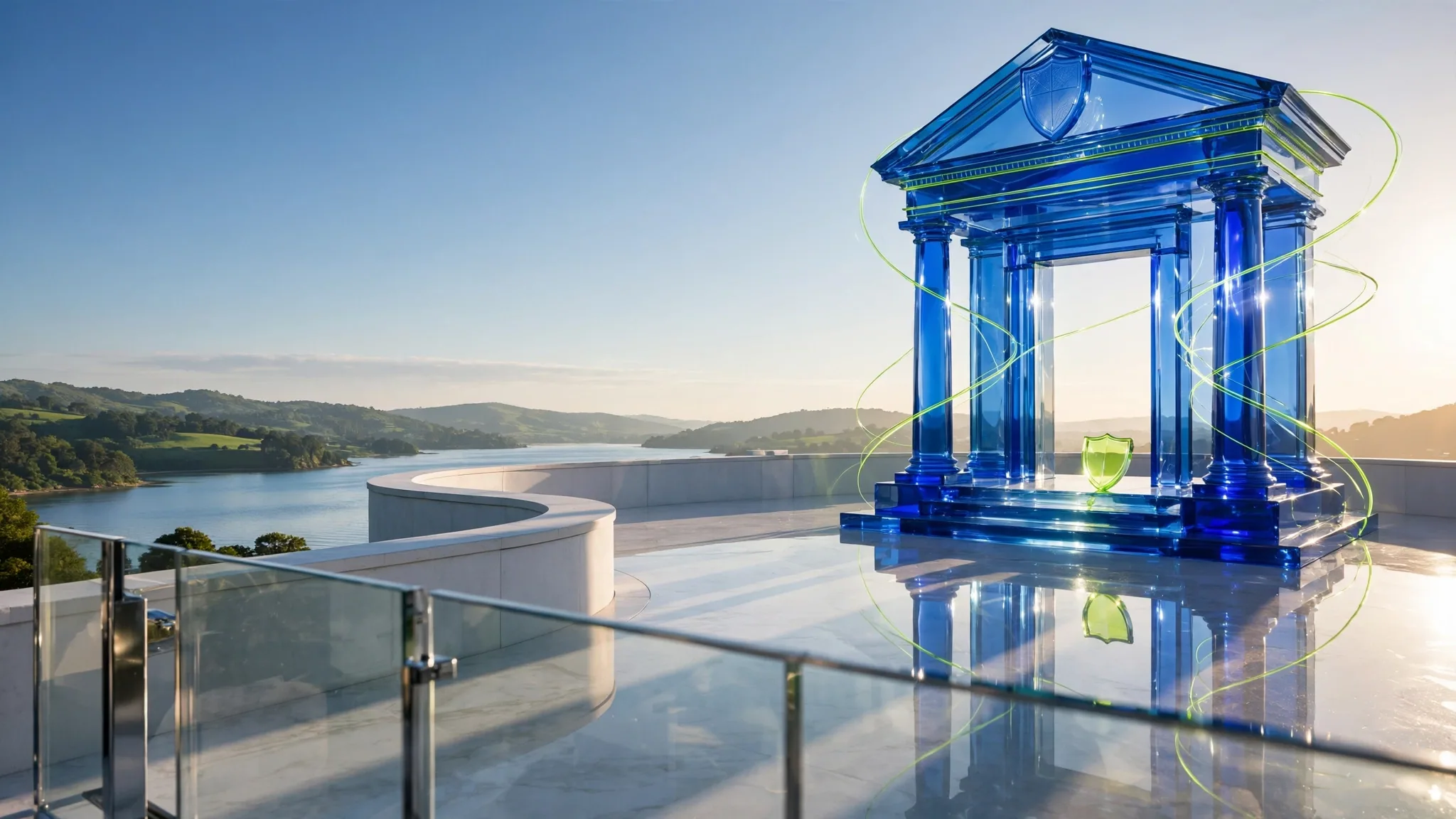 Translucent glass classical portico with columns and steps on a sunny white concrete terrace above a bay, under a clear blue sky